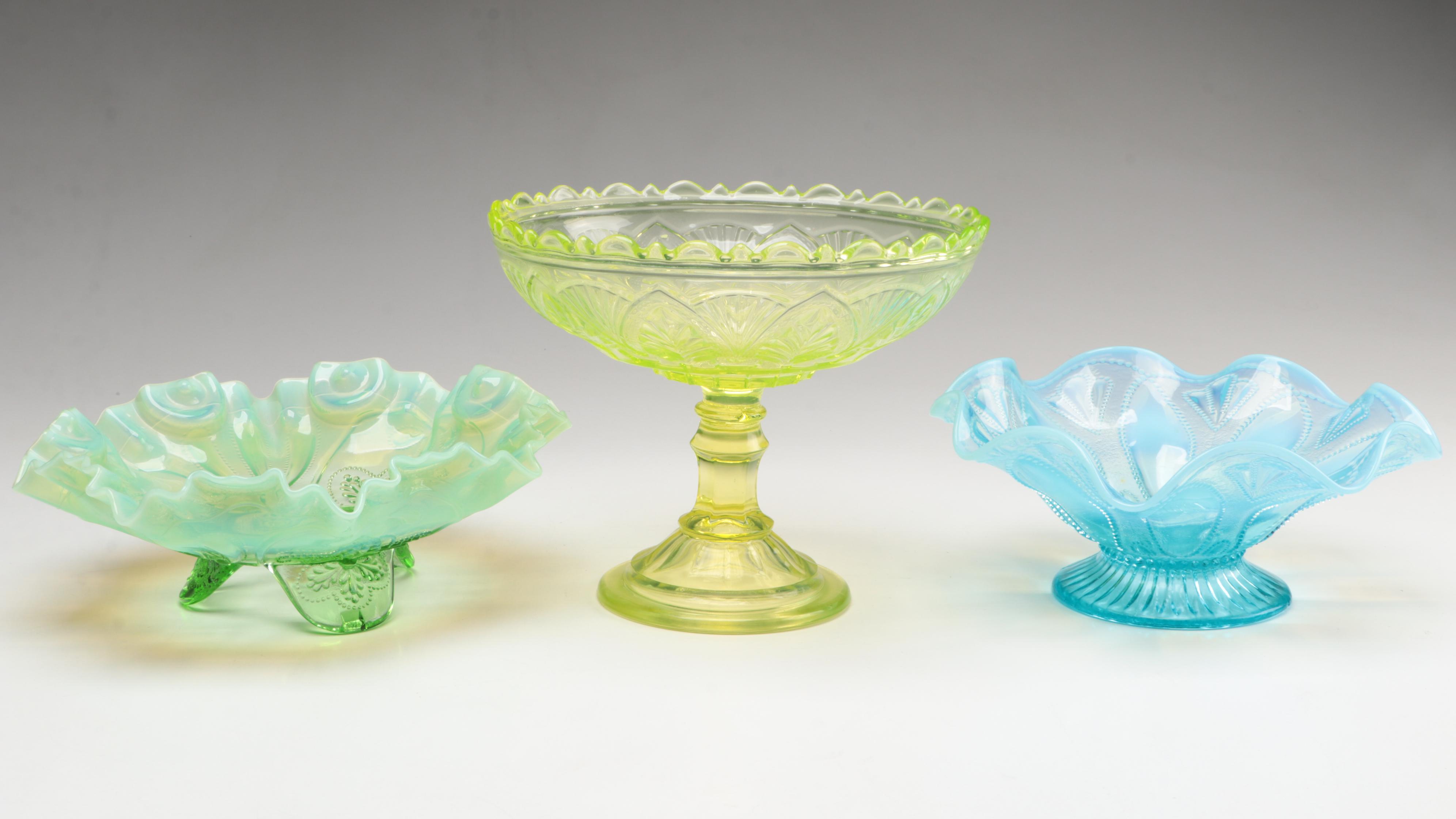 Vaseline Glass Compote with Green Opalescent and Other Glass Tableware