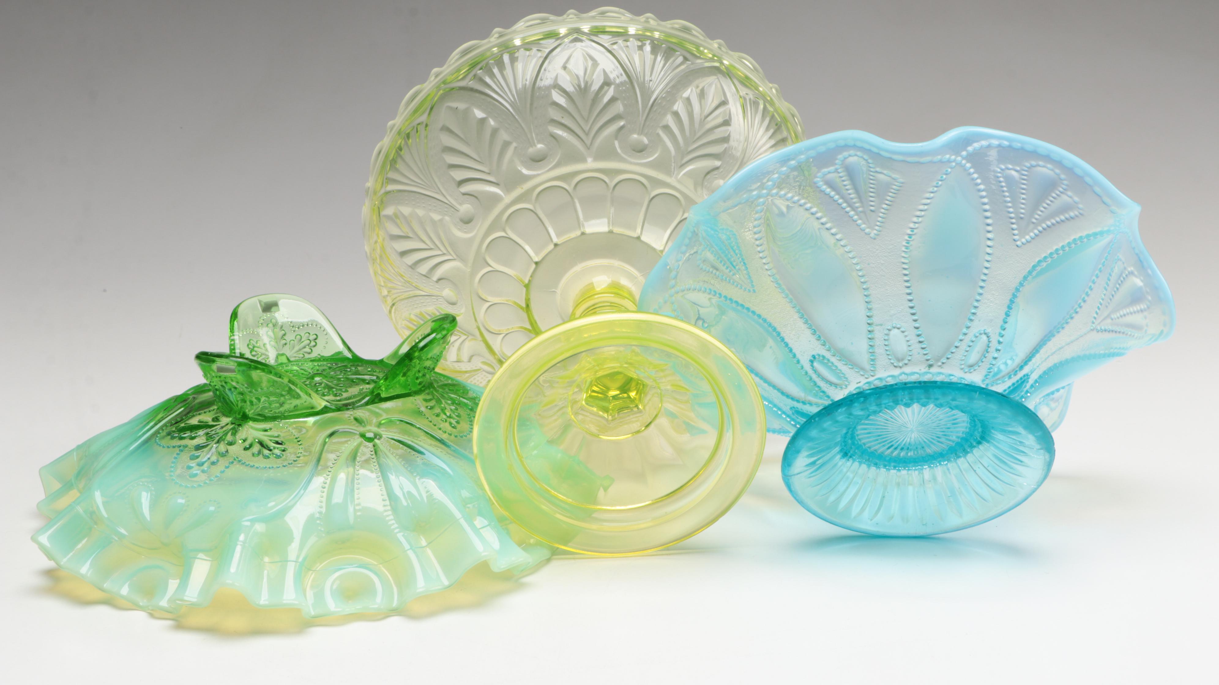 Vaseline Glass Compote with Green Opalescent and Other Glass Tableware