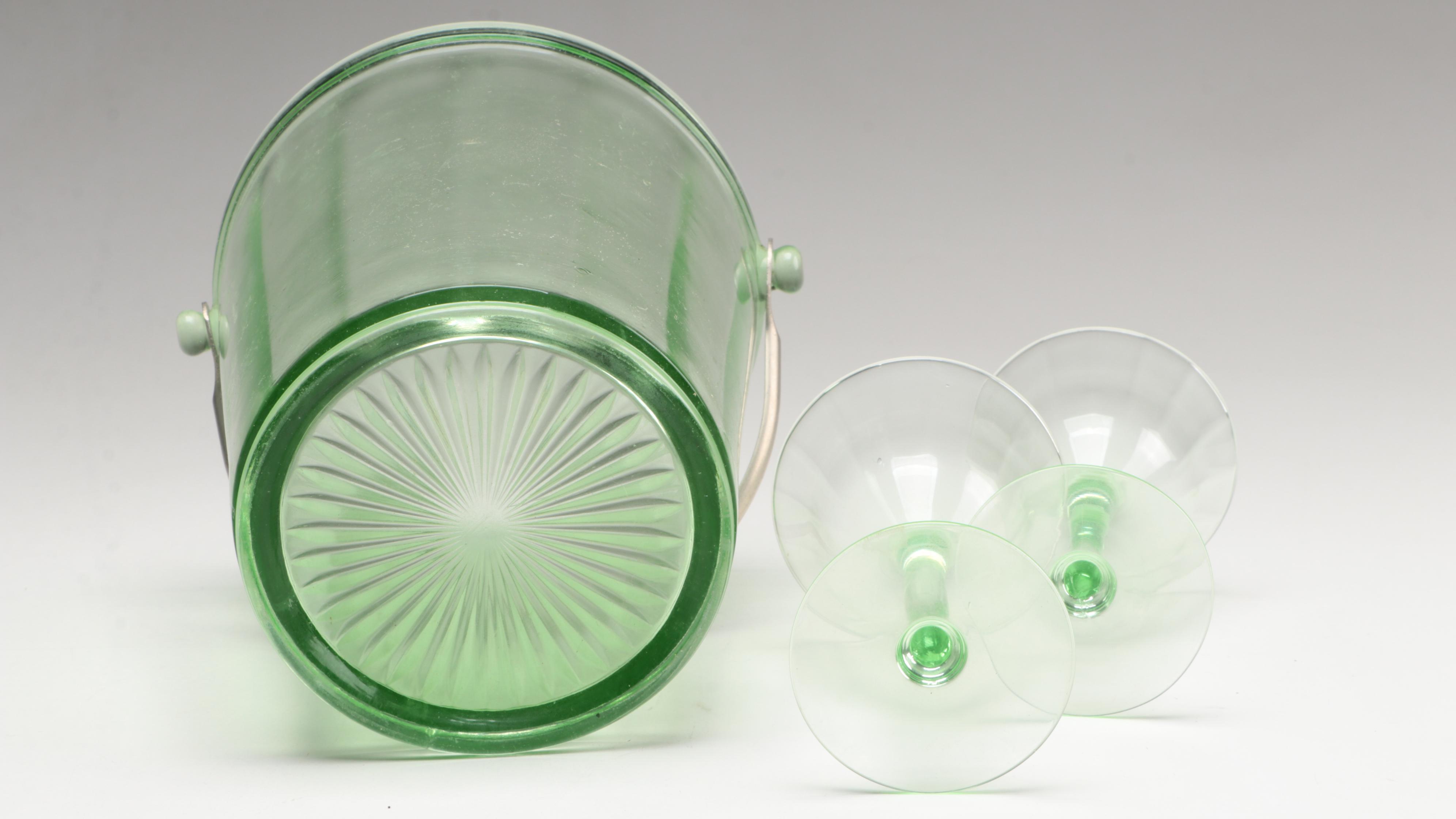 Vaseline Glass Compote with Green Opalescent and Other Glass Tableware