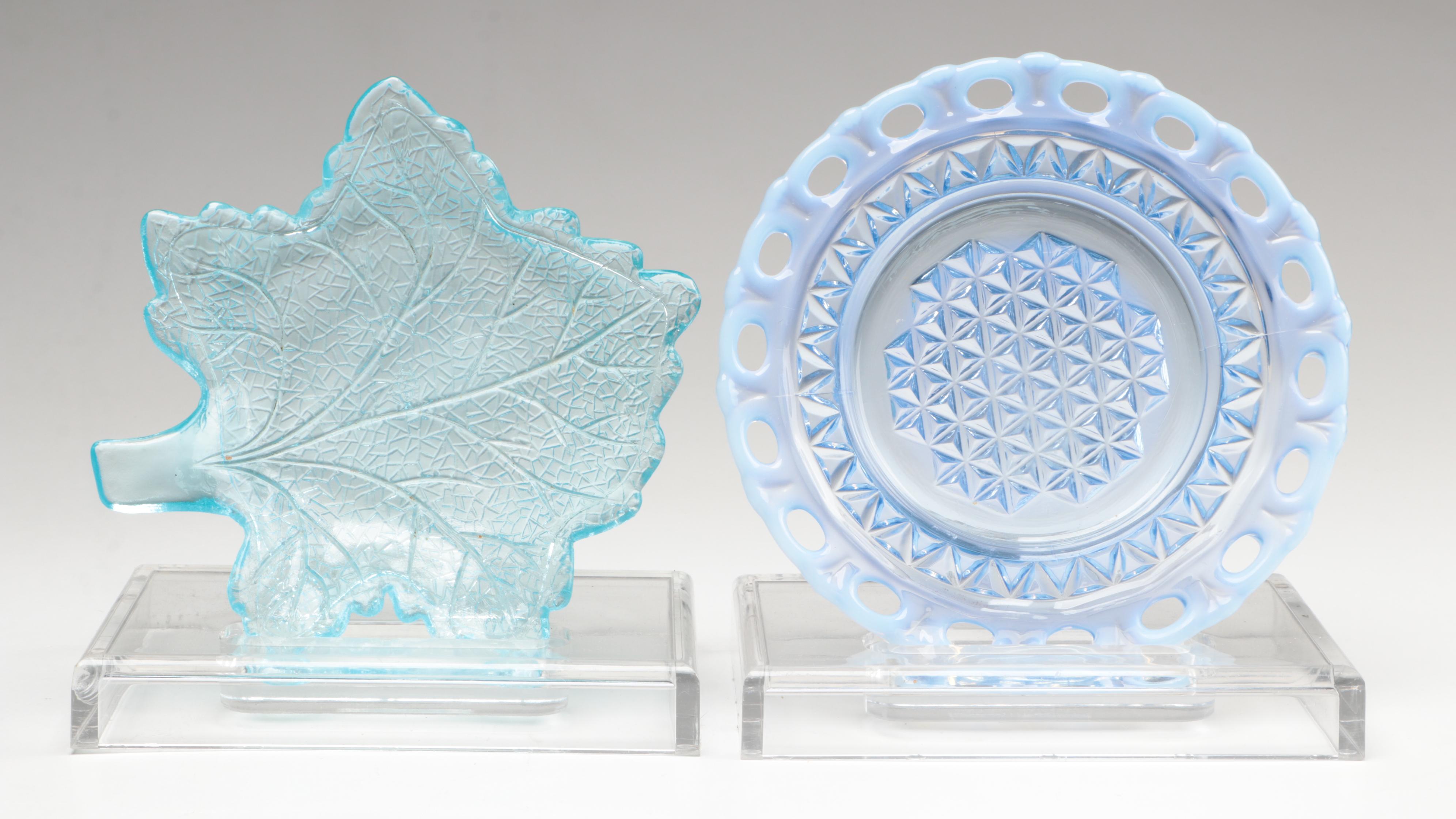 Vaseline Glass Compote with Green Opalescent and Other Glass Tableware