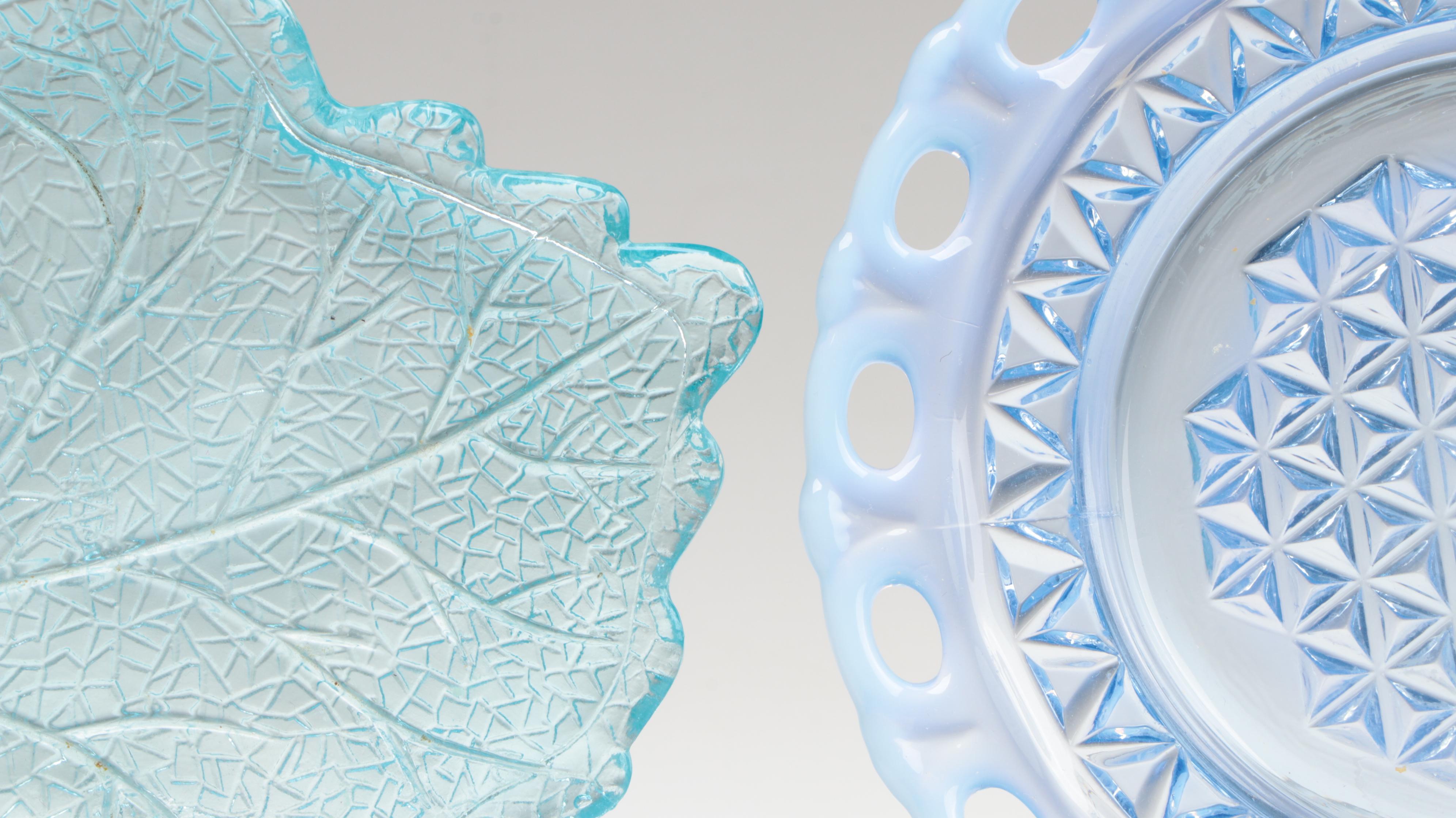 Vaseline Glass Compote with Green Opalescent and Other Glass Tableware