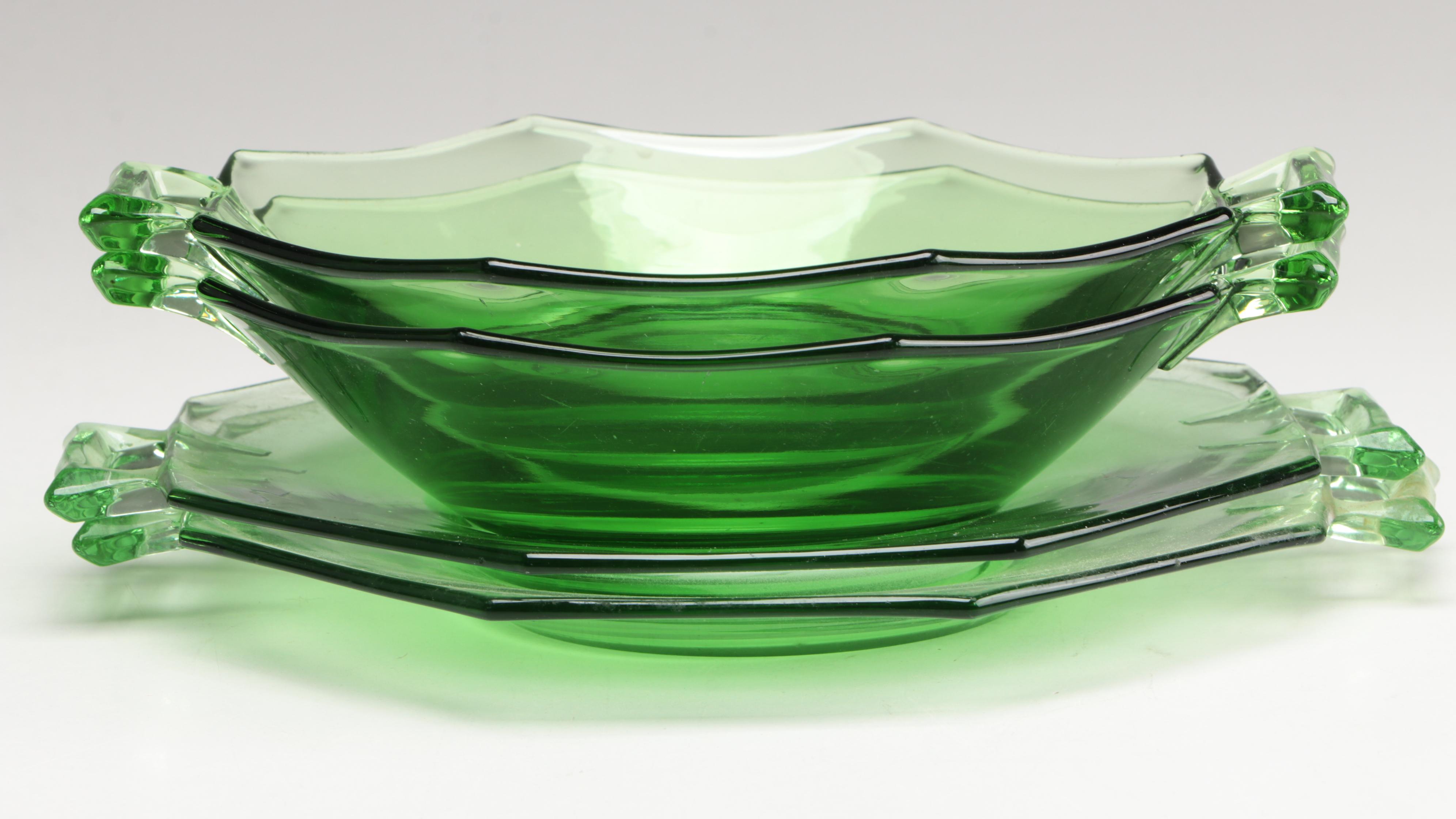 Vaseline Glass Compote with Green Opalescent and Other Glass Tableware
