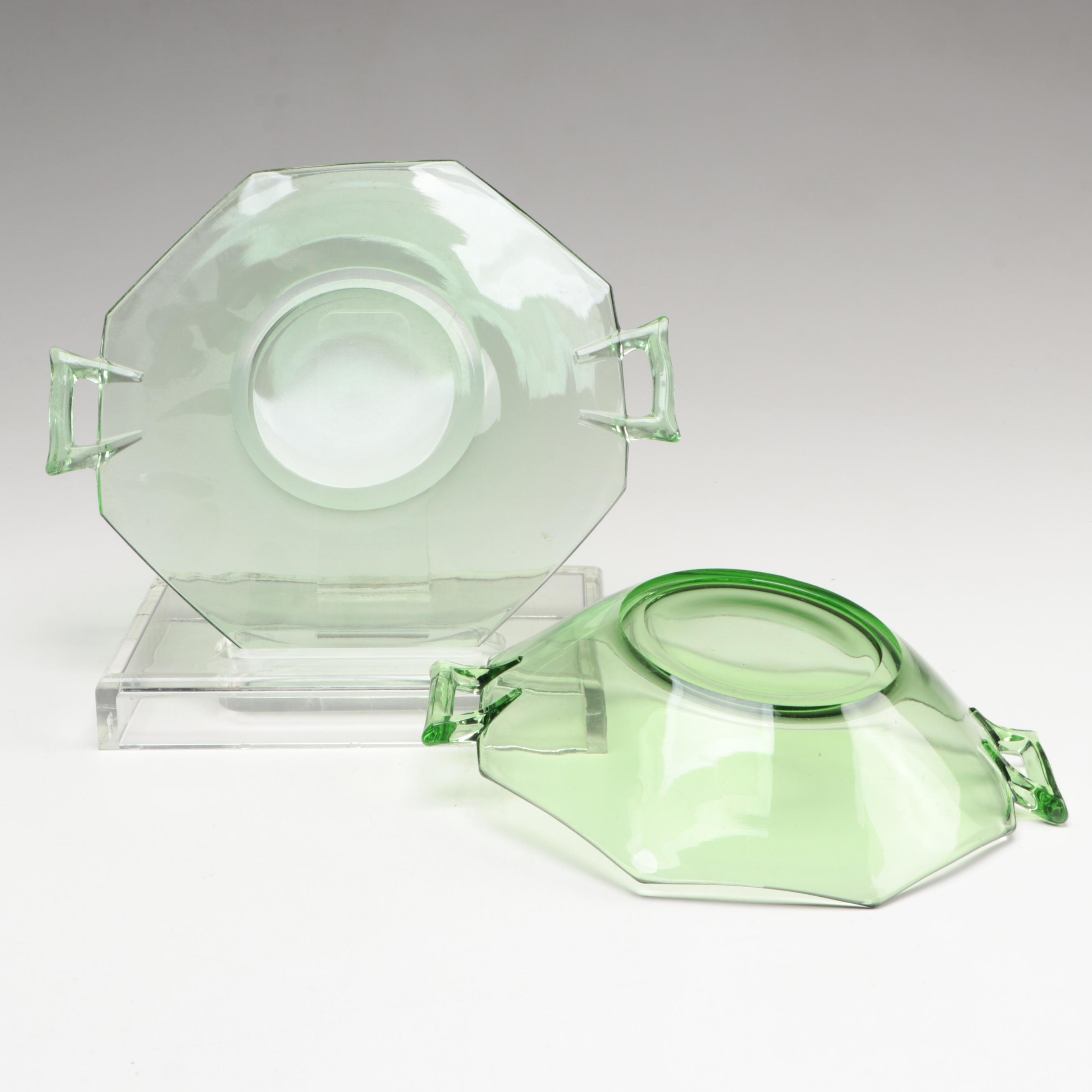 Vaseline Glass Compote with Green Opalescent and Other Glass Tableware