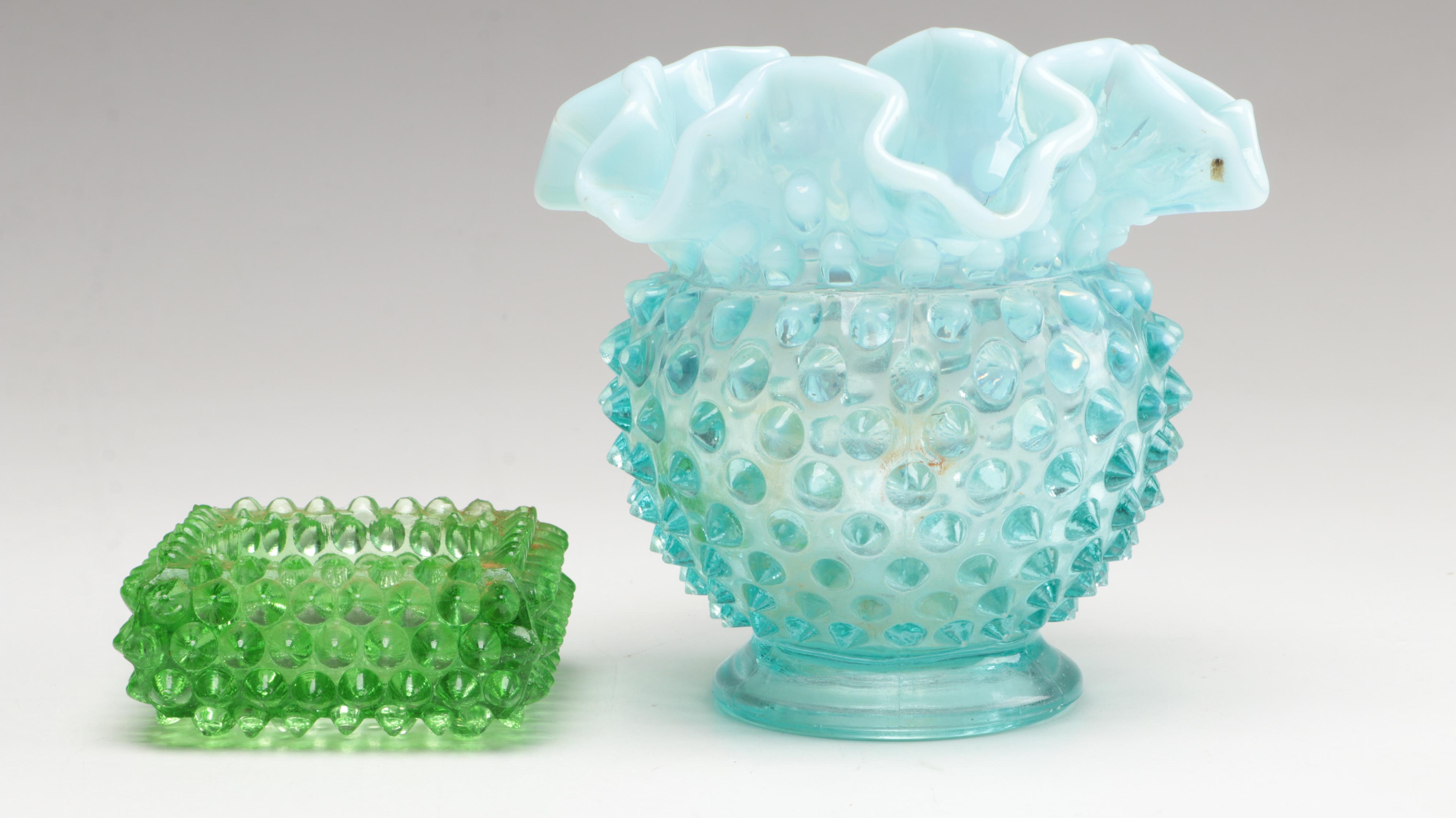 Vaseline Glass Compote with Green Opalescent and Other Glass Tableware