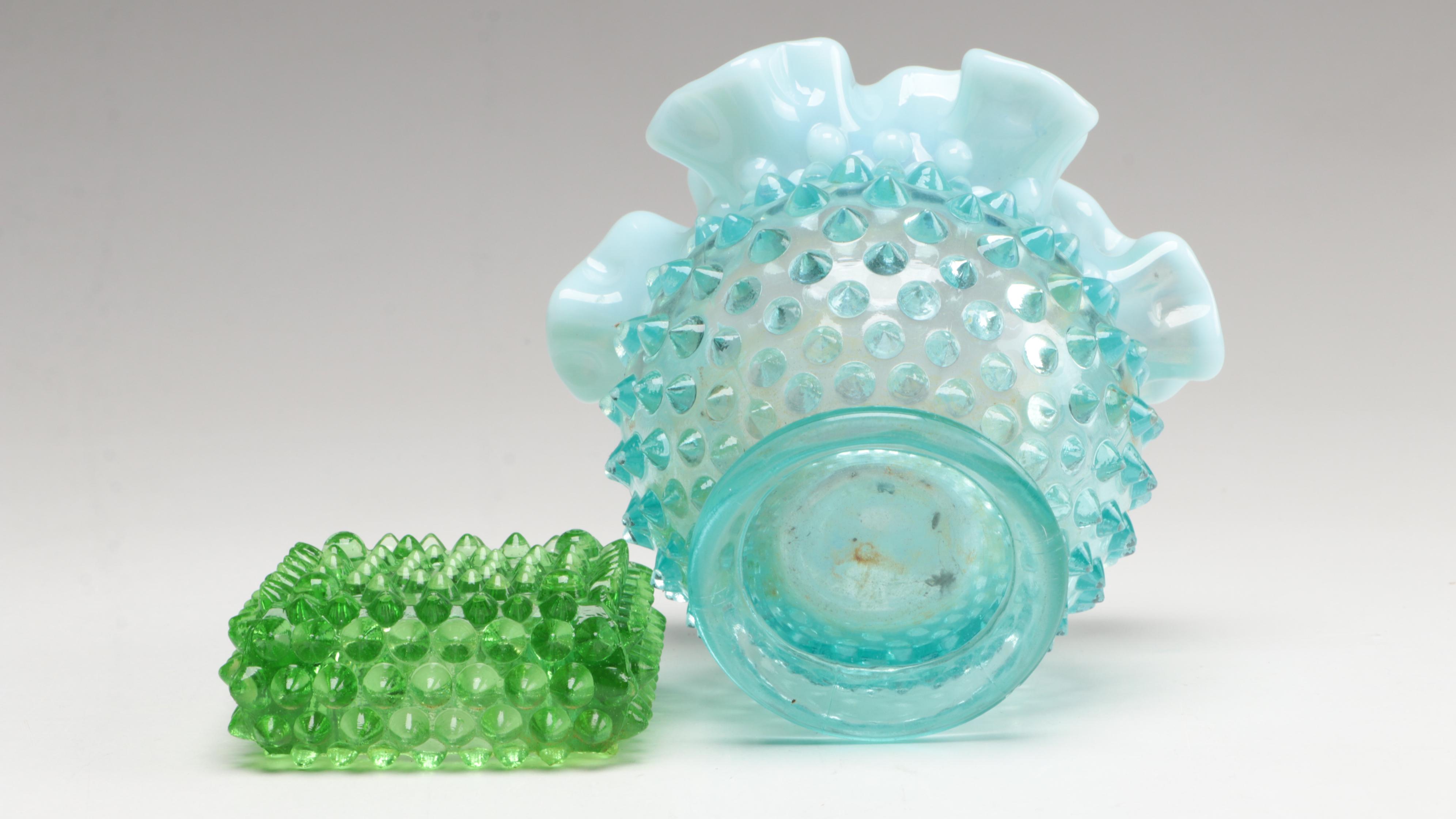 Vaseline Glass Compote with Green Opalescent and Other Glass Tableware