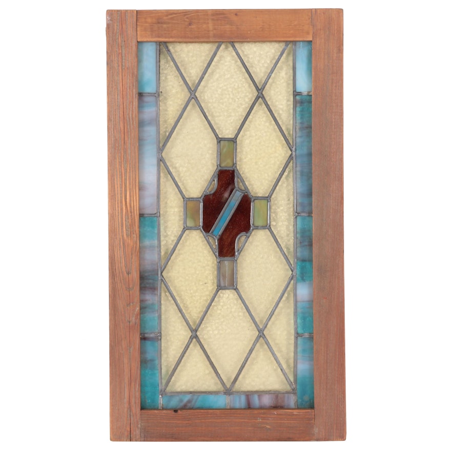 Stained and Slag Glass Window Inset Panel With Cross