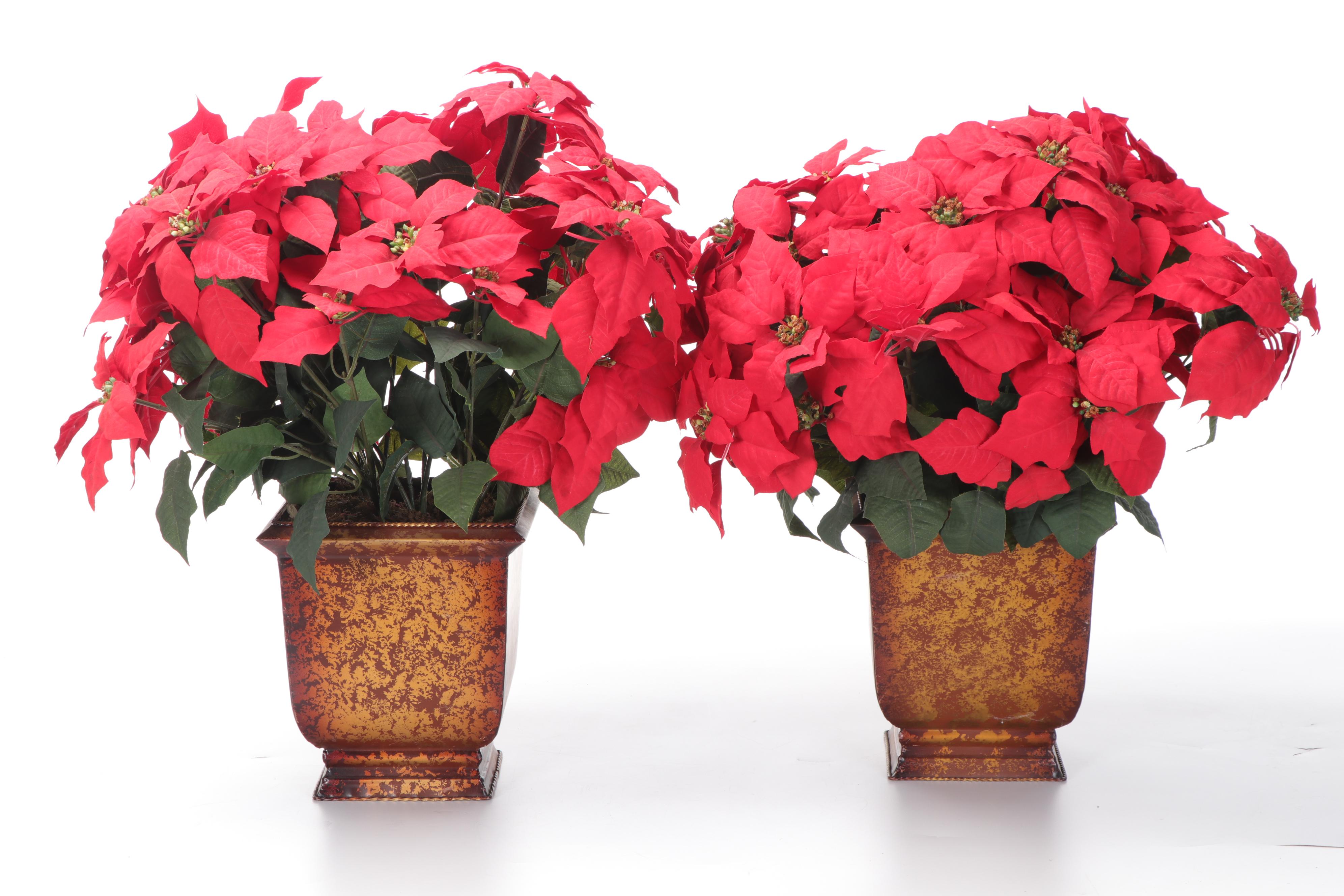 Artificial Poinsettia Plants in Metal Planters
