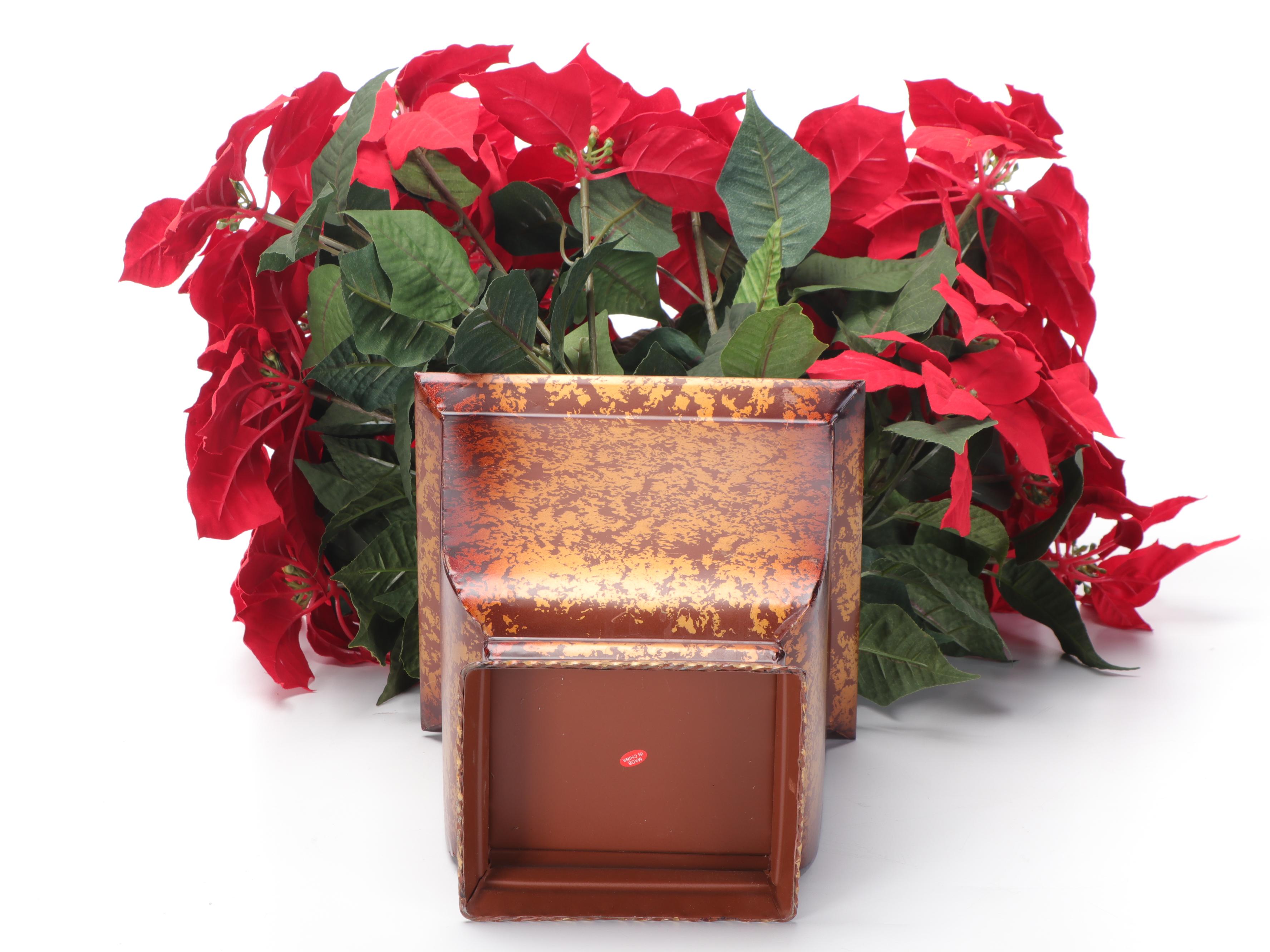 Artificial Poinsettia Plants in Metal Planters