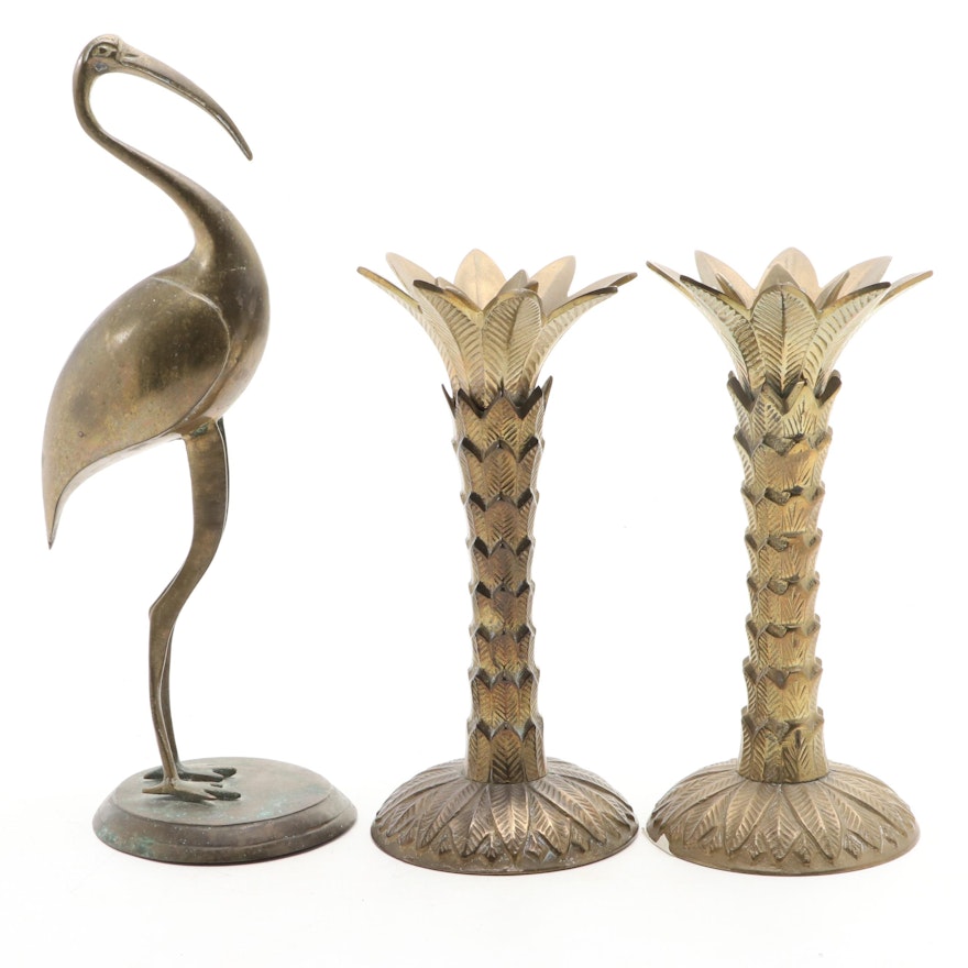 Brass Palm Tree Shaped Candlesticks with Bird Figurine, Mid-Late 20th Century