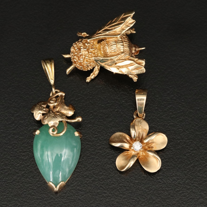 14K Jadeite and Diamond Bee Brooch and Floral Pendants