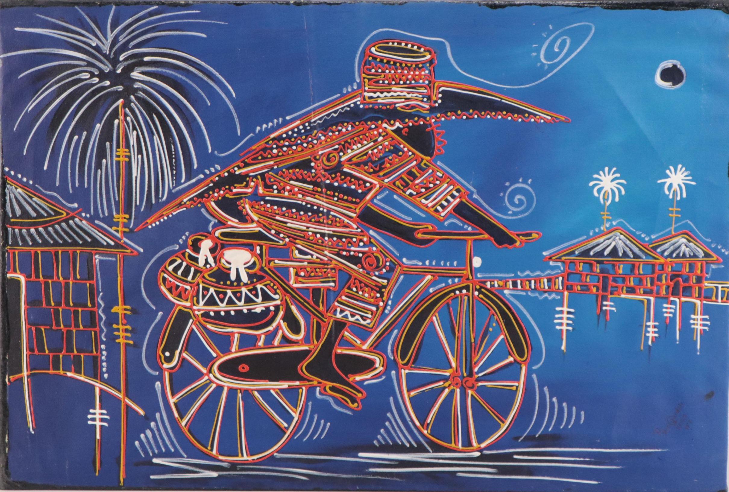 Bayo Ogundele Mixed Media Painting "Keke Elemu," 21st Century