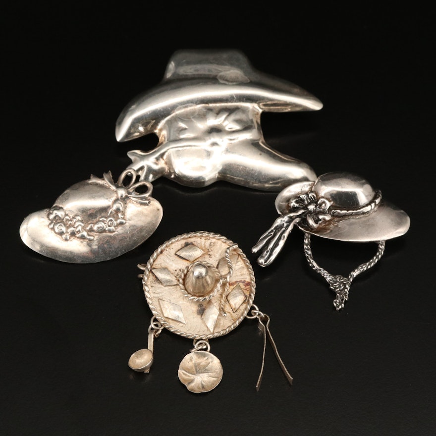 Sterling Hat Themed Brooches