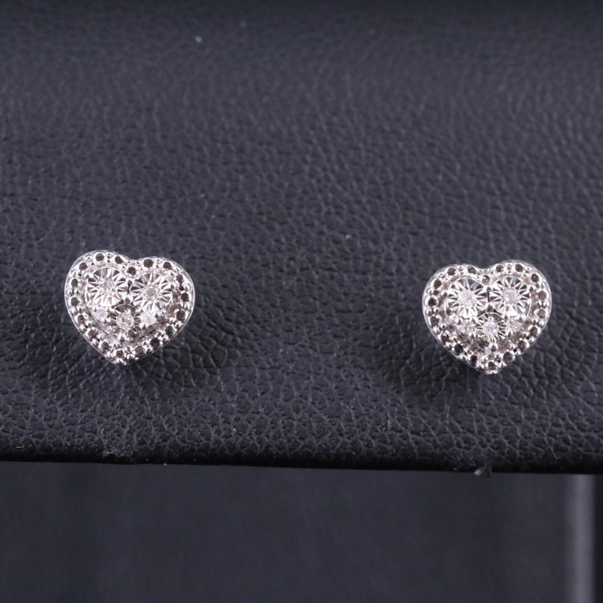 Sterling Silver 0.02 CTW Diamond Heart Stud Earrings