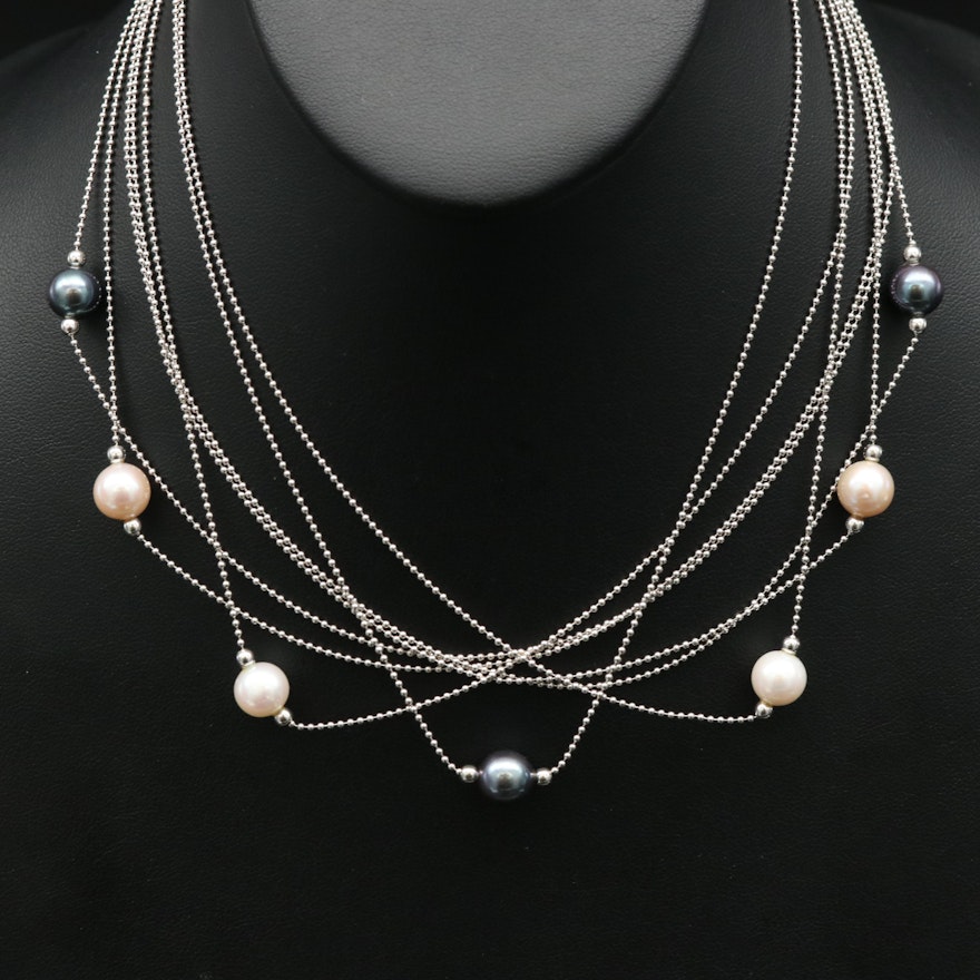 Sterling Pearl Multi-Strand Bead Station Necklace