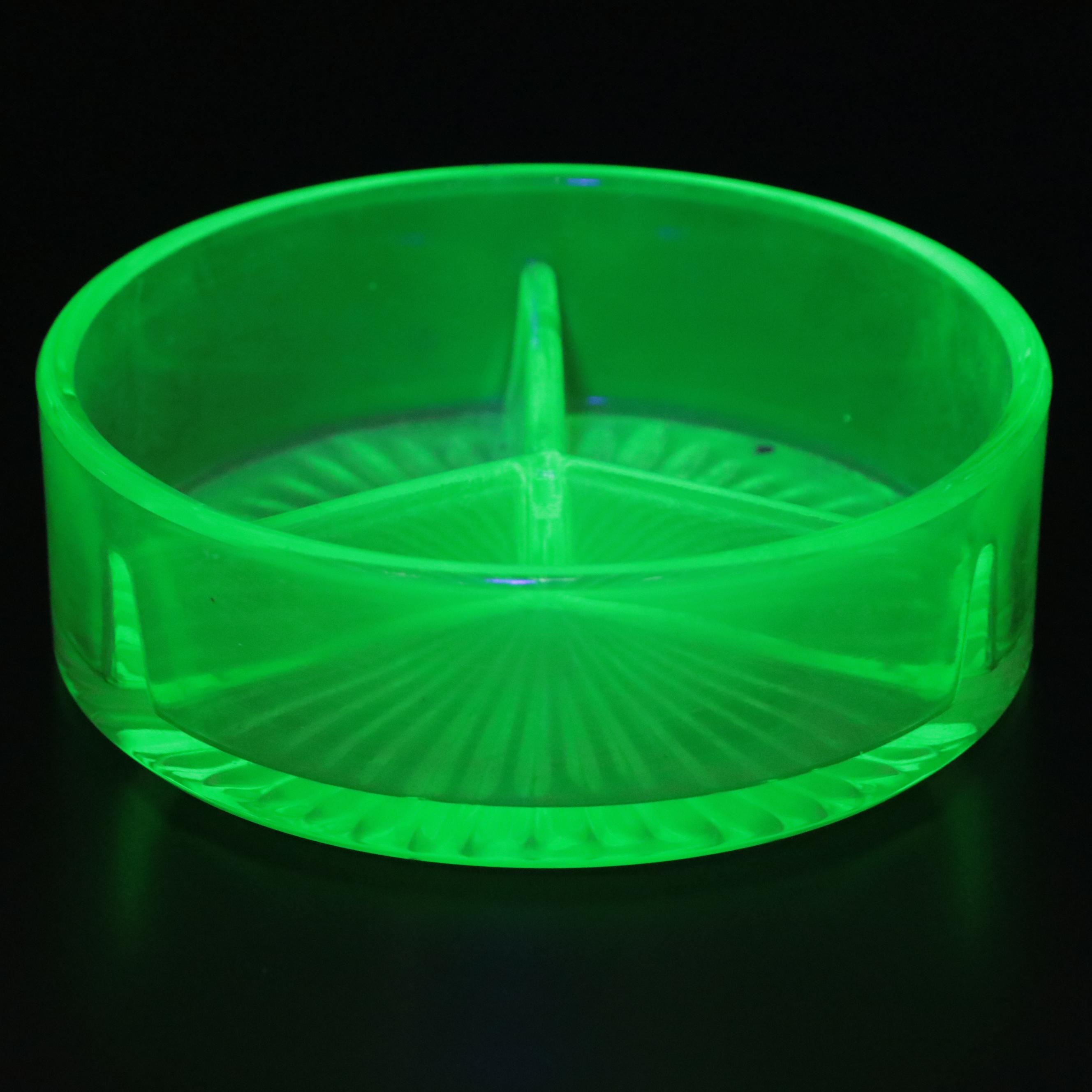 Vaseline Glass Compote with Green Opalescent and Other Glass Tableware