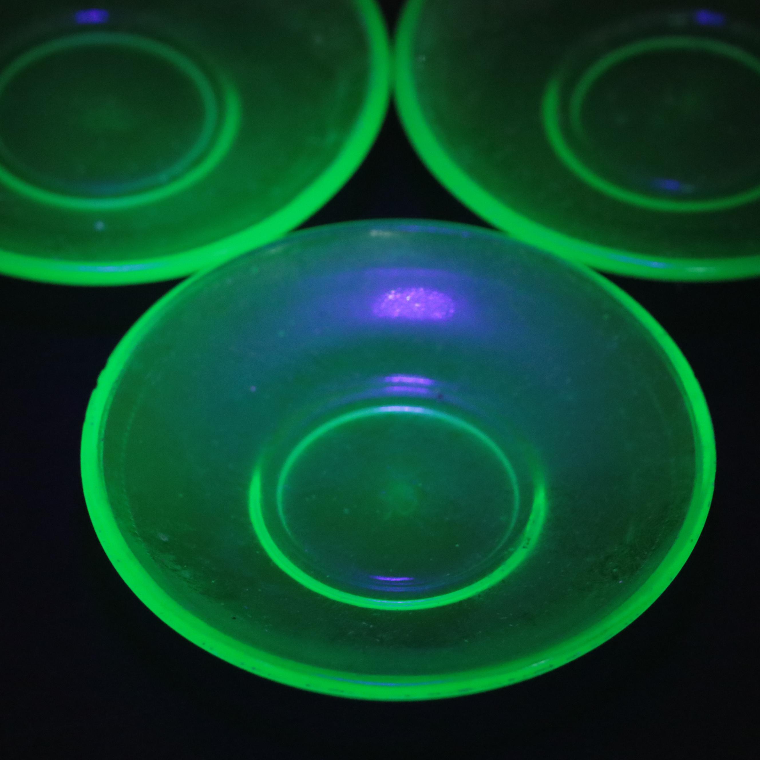 Vaseline Glass Compote with Green Opalescent and Other Glass Tableware