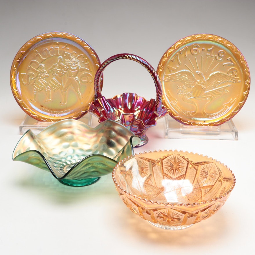 Fenton Red Iridescent Basket with Other Glass Bowls and Commemorative Plates