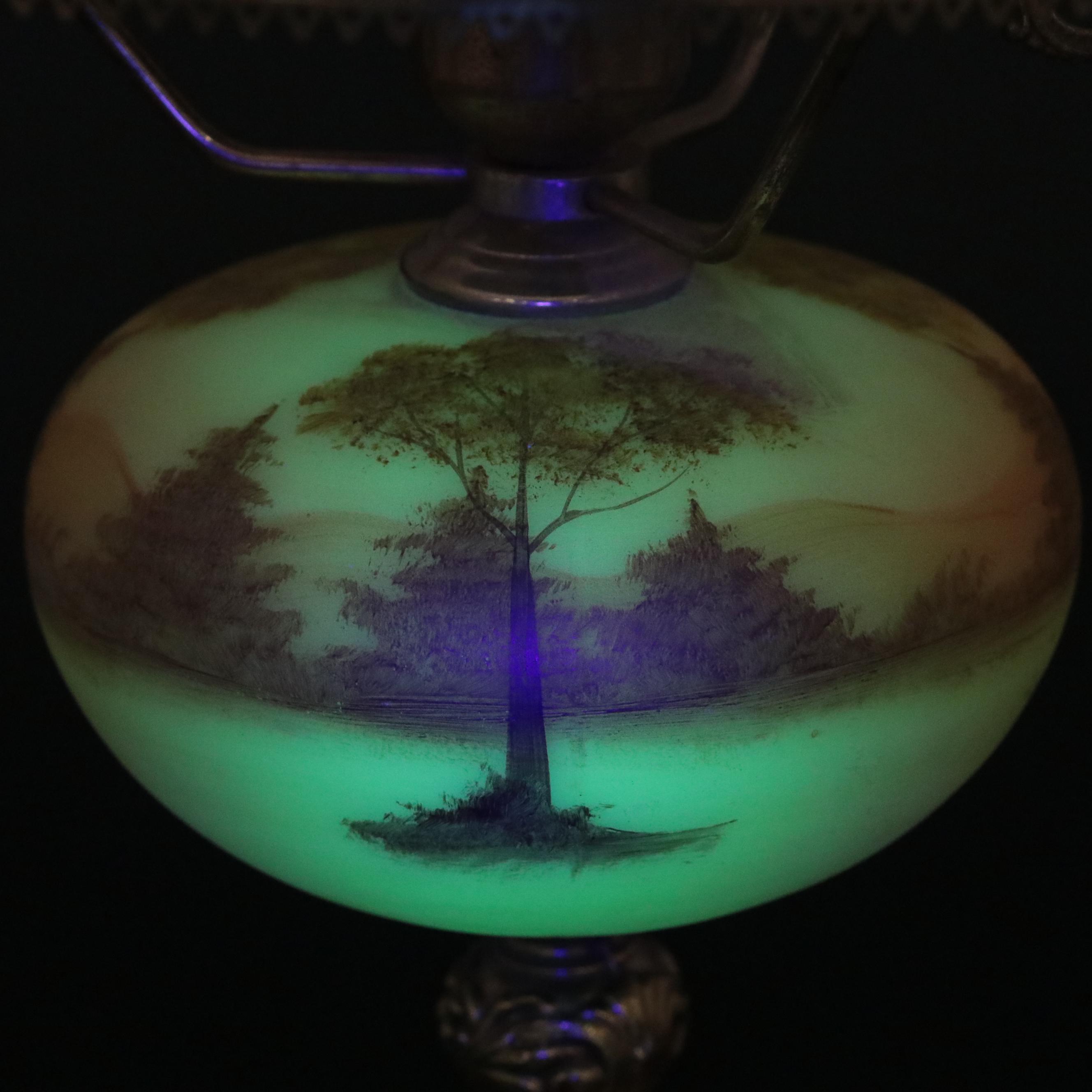 Fenton "Log Cabin" and "Rose Burmese" Satin Custard Glass Parlor Lamps, 1970s