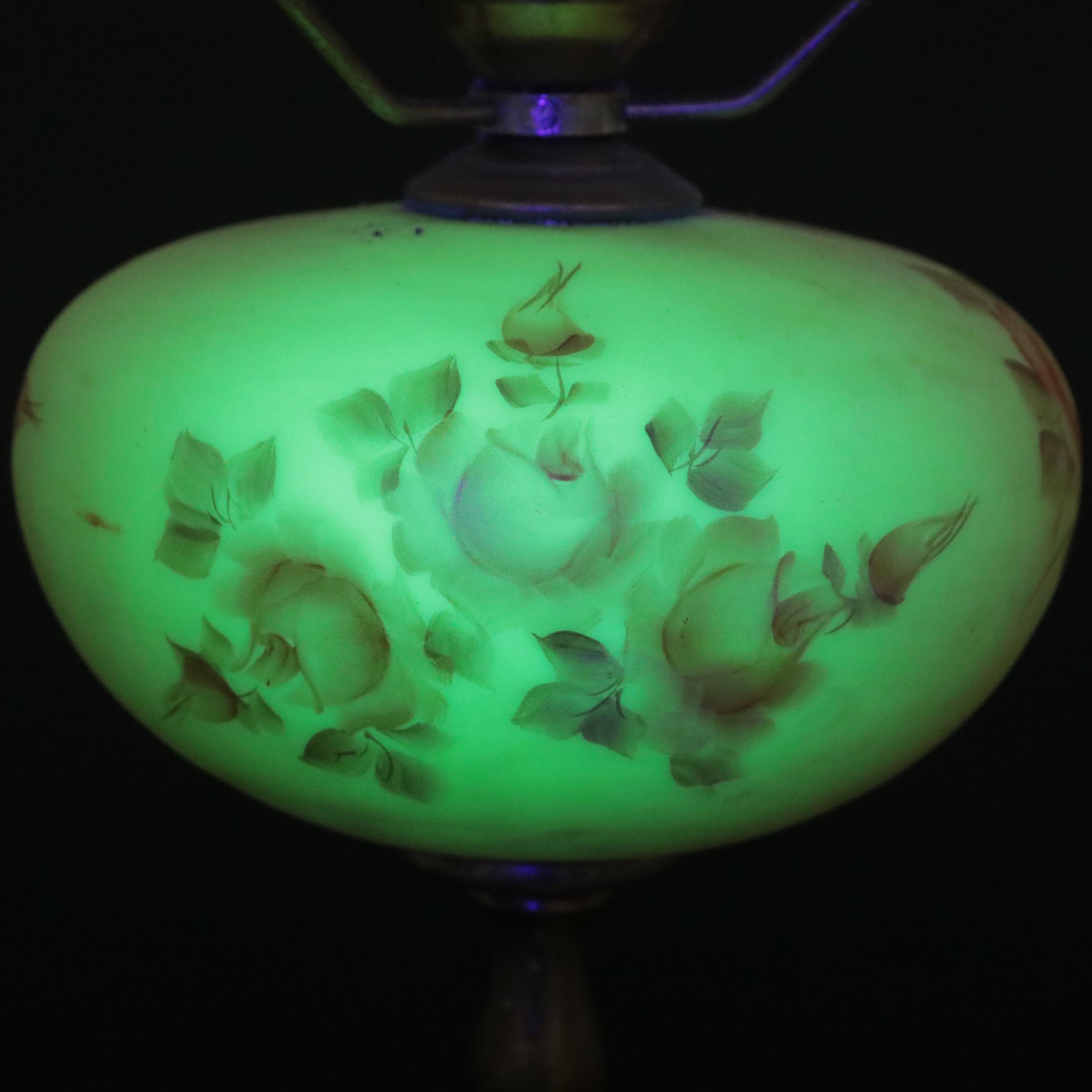 Fenton "Log Cabin" and "Rose Burmese" Satin Custard Glass Parlor Lamps, 1970s