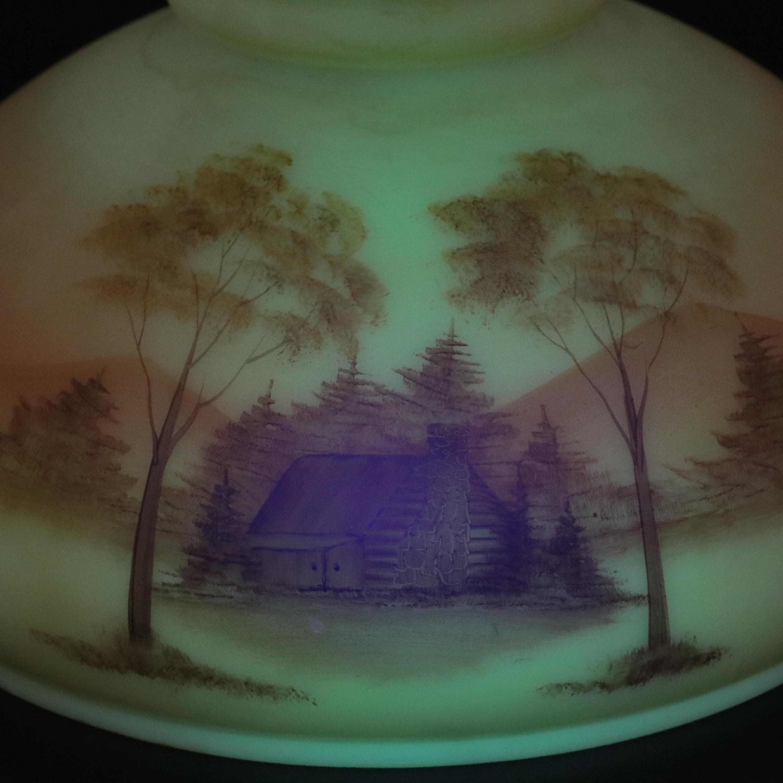 Fenton "Log Cabin" and "Rose Burmese" Satin Custard Glass Parlor Lamps, 1970s