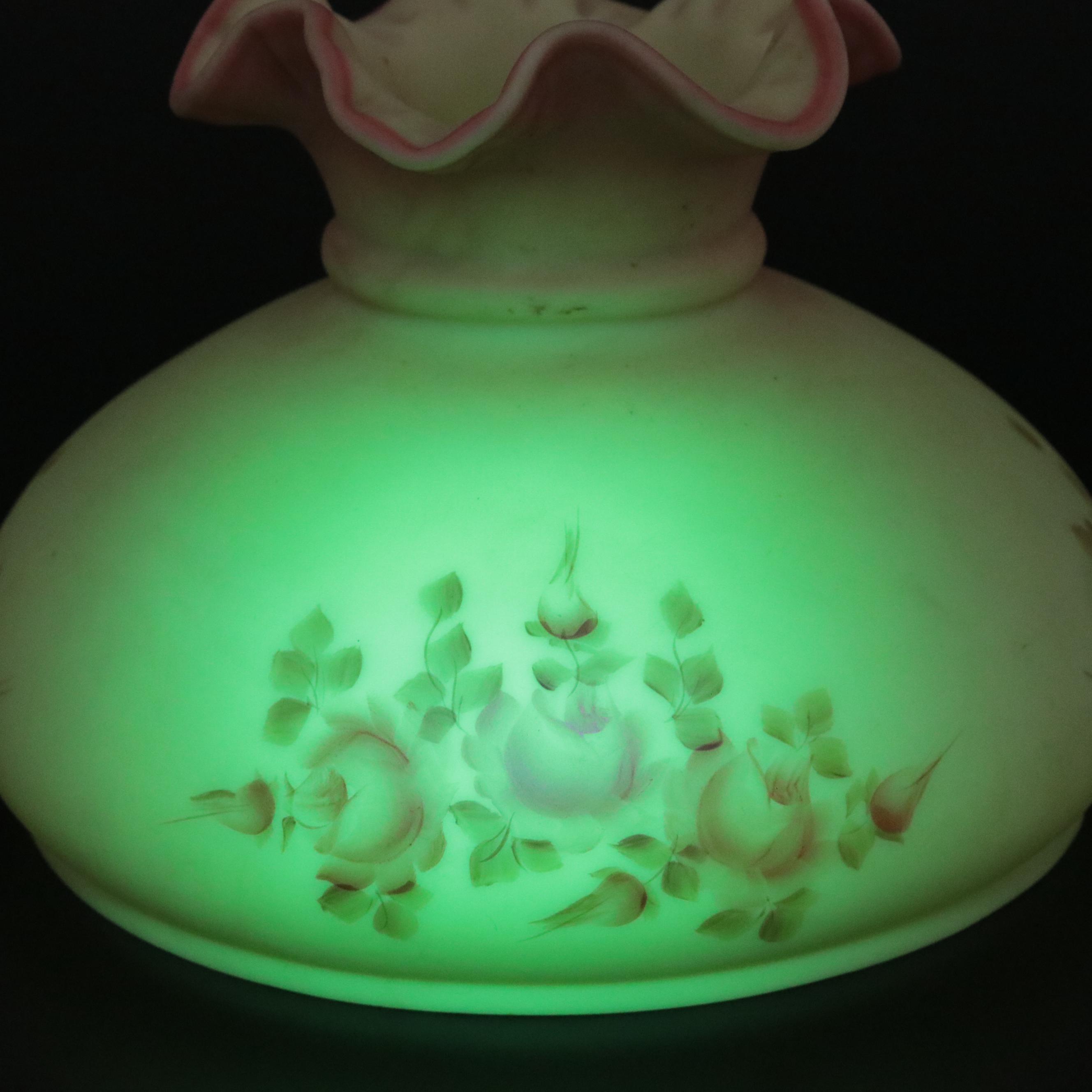 Fenton "Log Cabin" and "Rose Burmese" Satin Custard Glass Parlor Lamps, 1970s