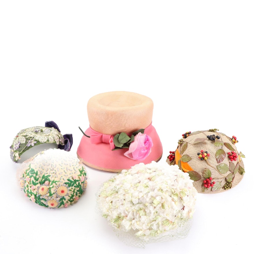 Straw Bucket Hat, Embellished Capulets and Cap with Hat Boxes, Mid-20th Century
