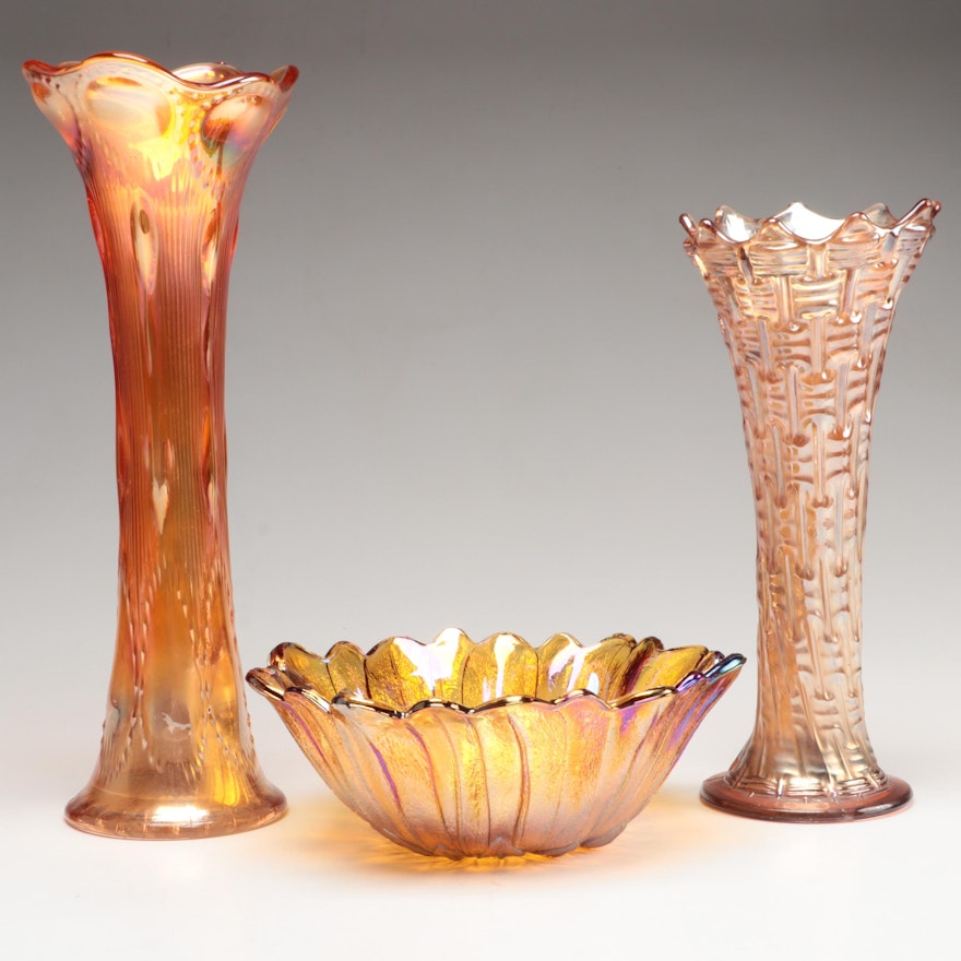 Dugan Basketweave with Other Marigold Carnival Glass Vase and Flower Bowl