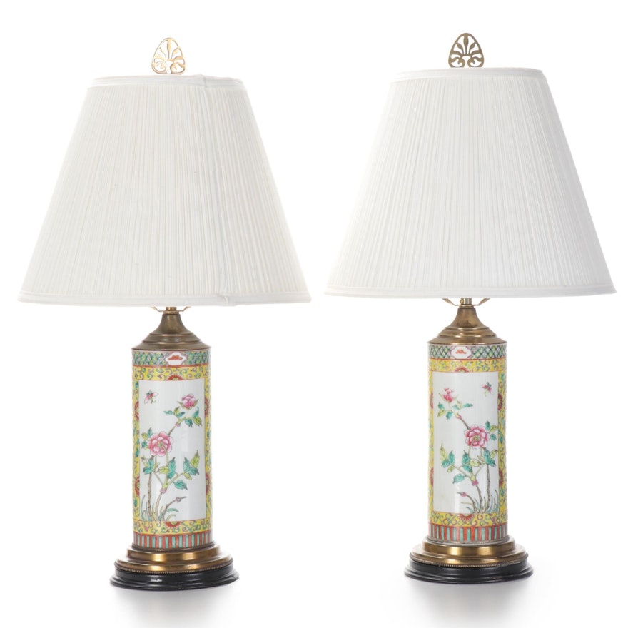 Matched Pair of Chinese Famille Jaune Enameled Porcelain Table Lamps