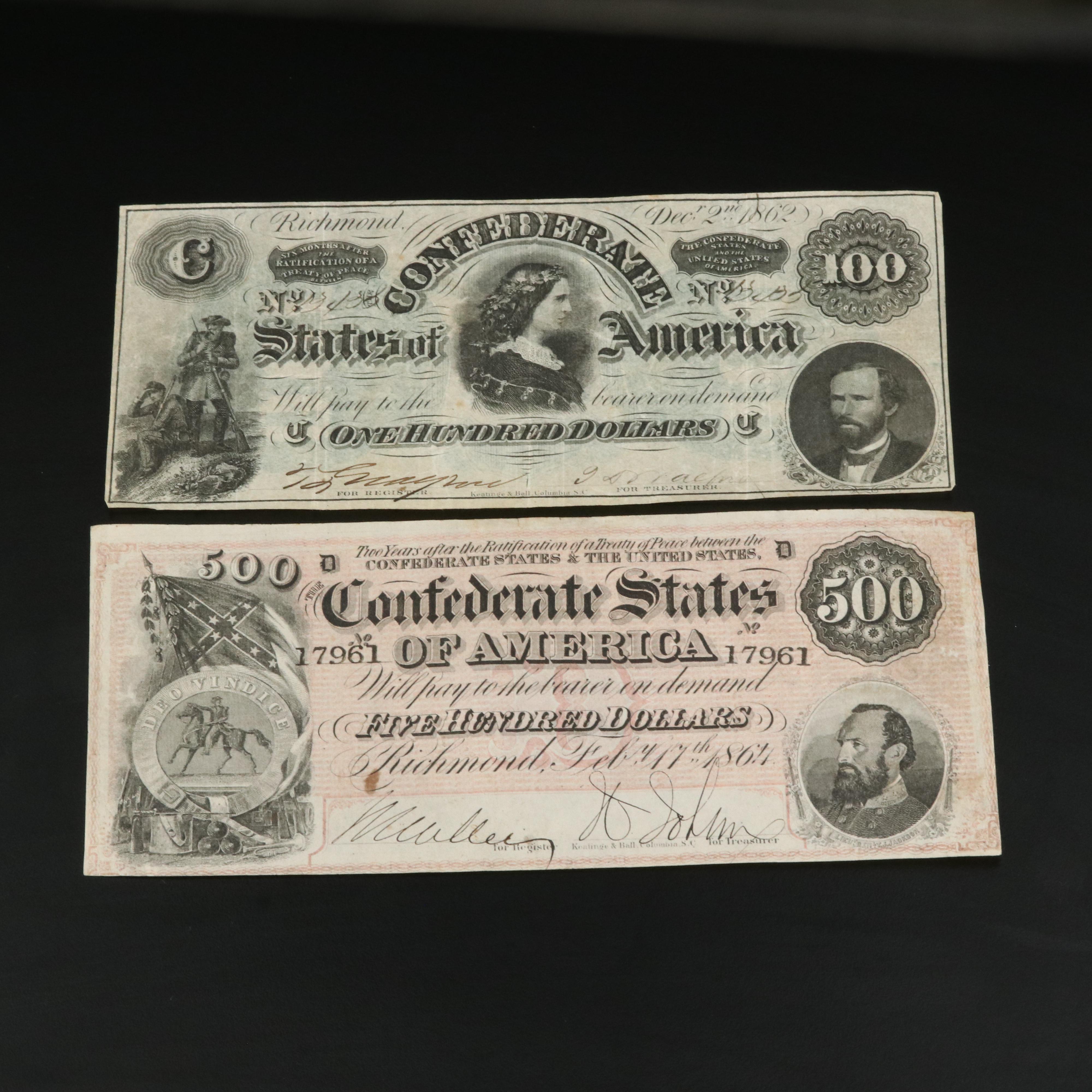 Two Different Confederate States of America Currency Notes Including $500