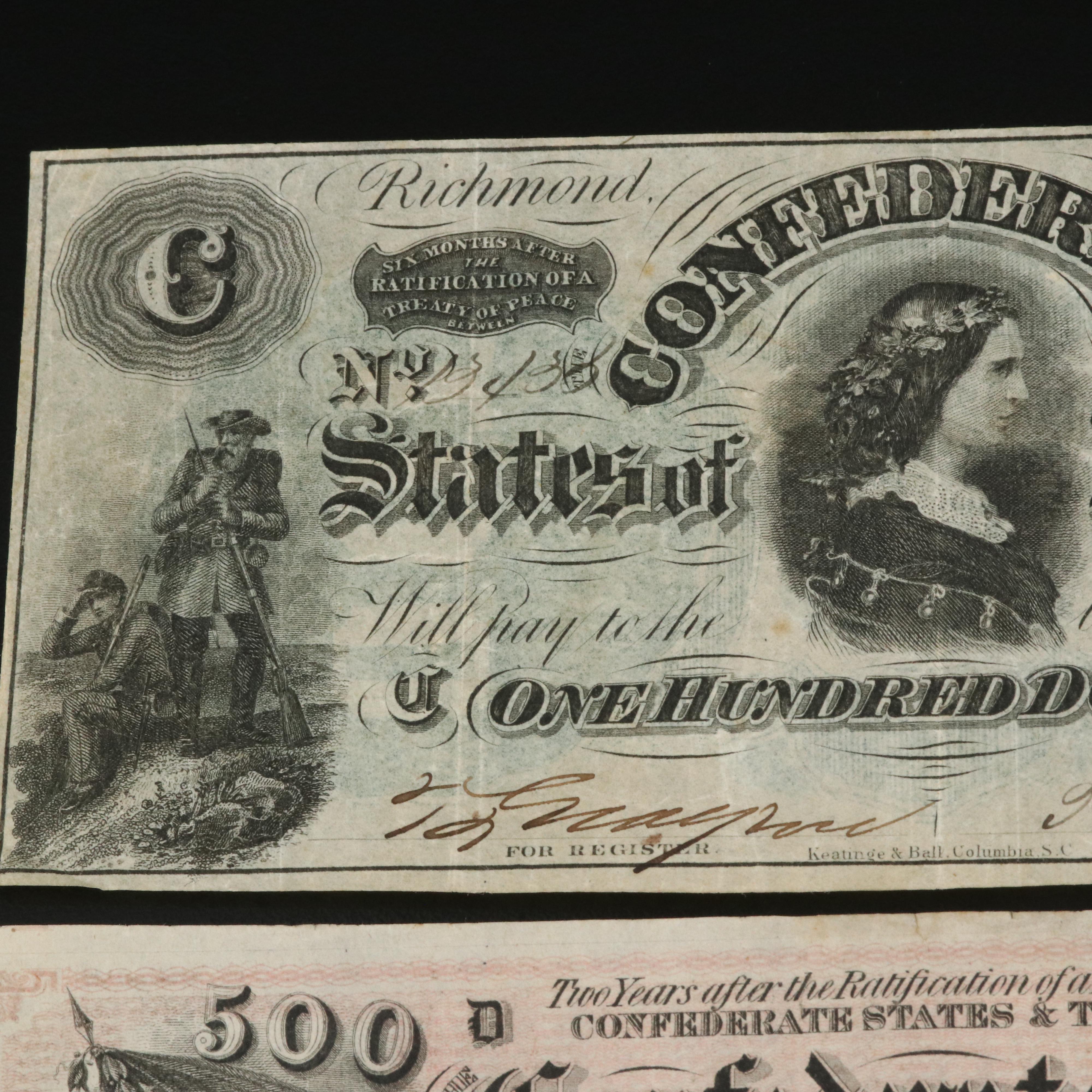 Two Different Confederate States of America Currency Notes Including $500