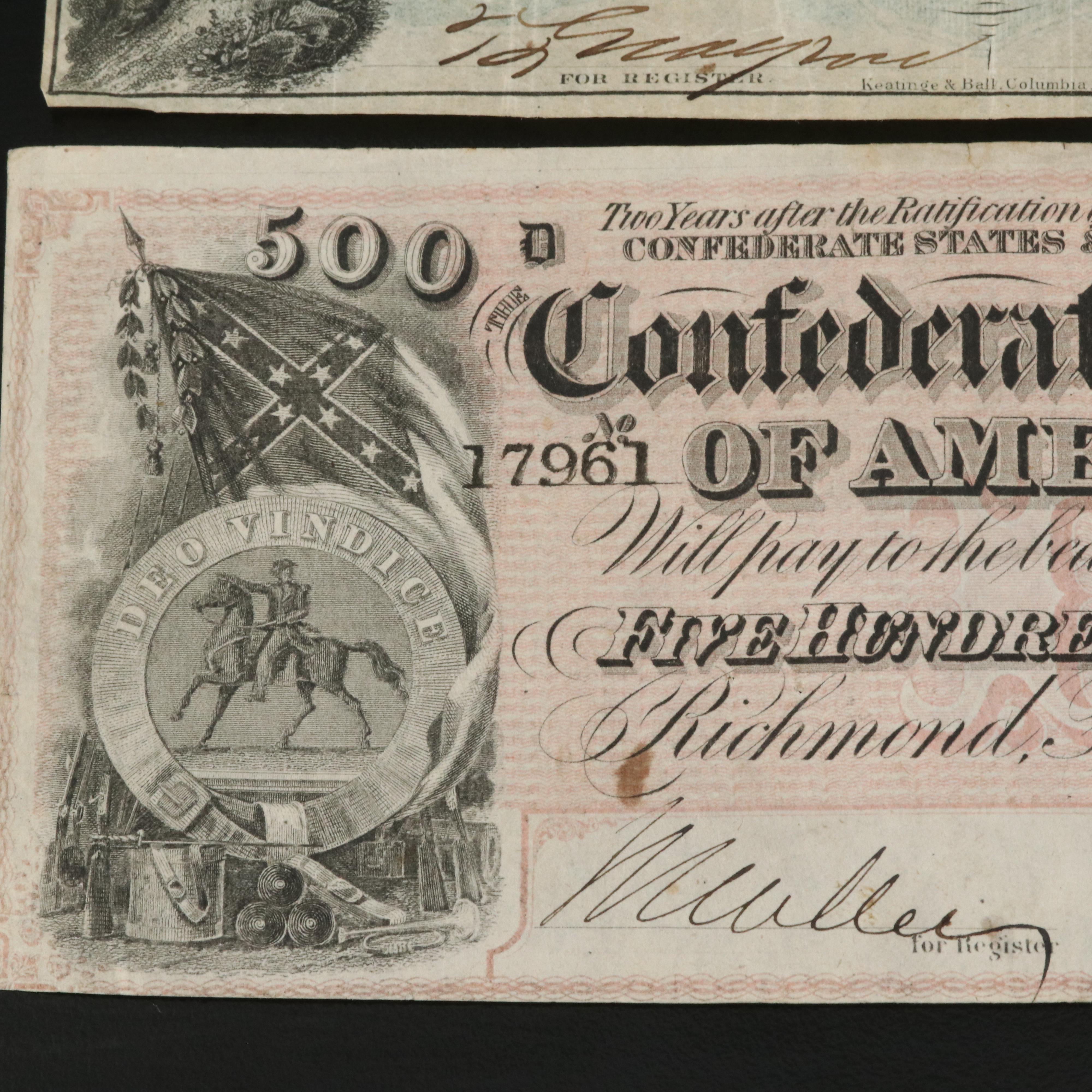 Two Different Confederate States of America Currency Notes Including $500