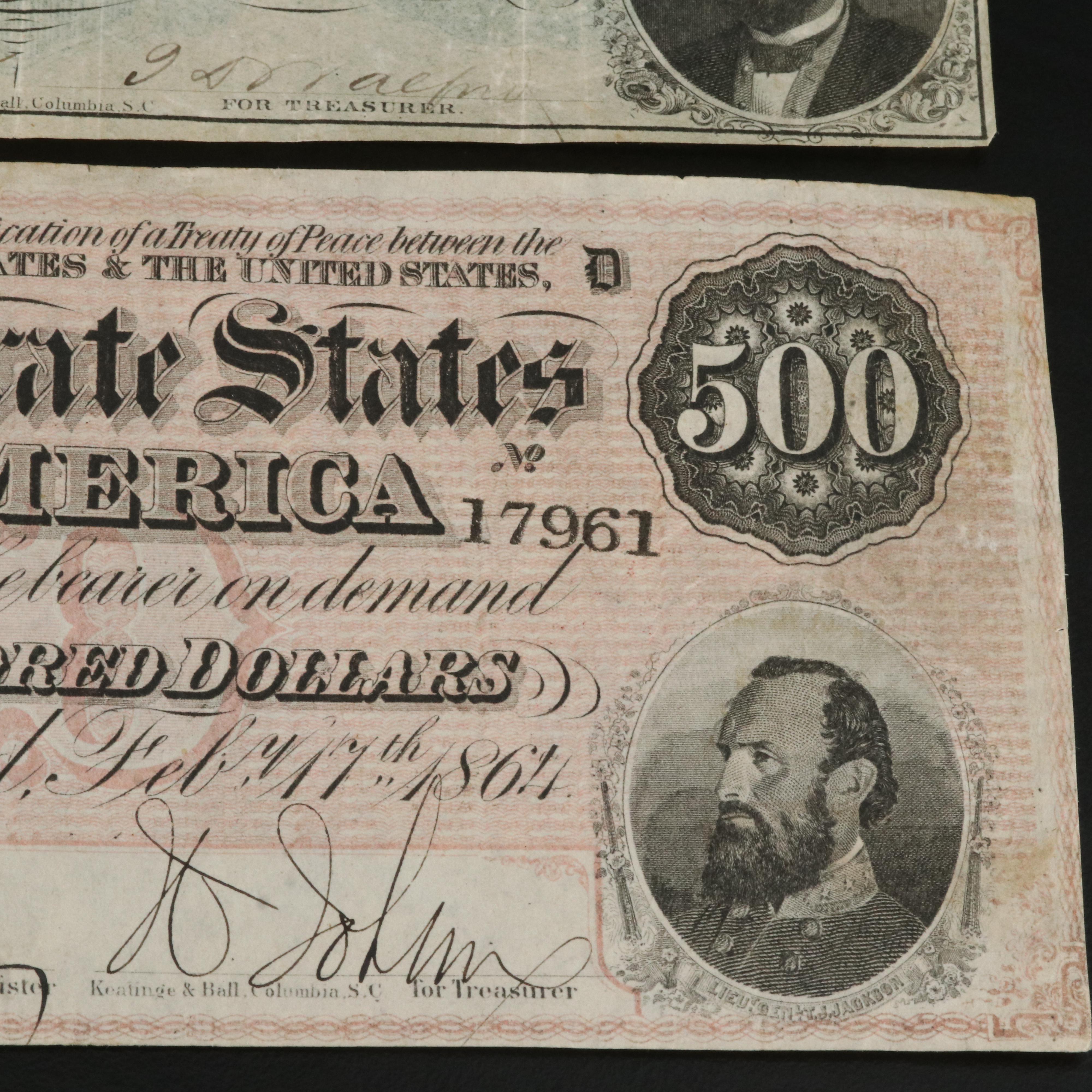 Two Different Confederate States of America Currency Notes Including $500