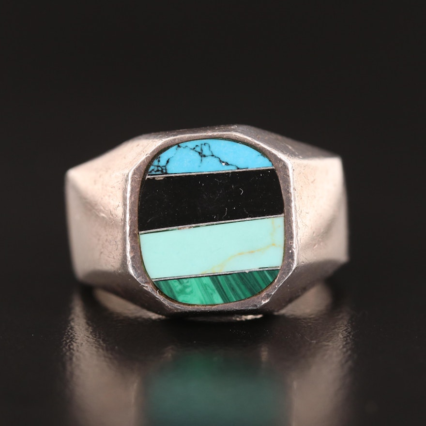 Mexican Sterling Turquoise, Malachite and Black Onyx Inlay Ring