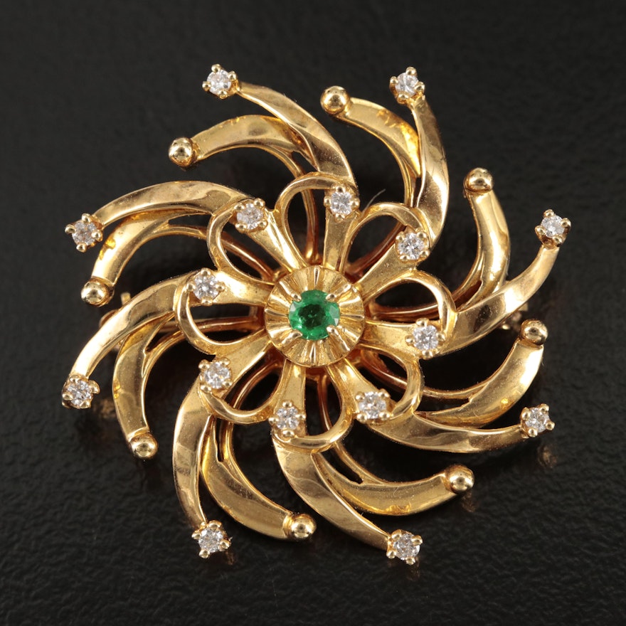 Vintage Franklin Mint Collection 18K Emerald and Diamond Spiral Brooch