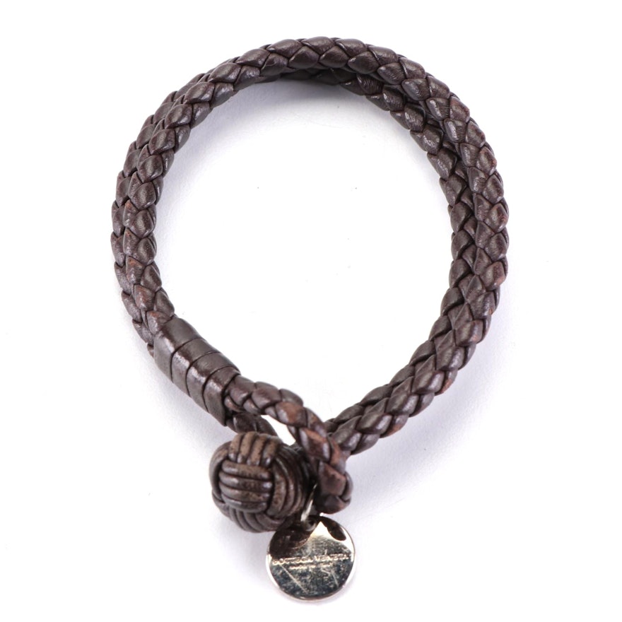 Bottega Veneta Intrecciato Leather Wrap Bracelet with Logo Charm