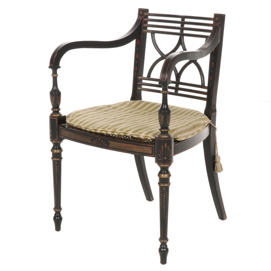 Baker Regency Style Ebonized and Painted Wood Armchair, Late 20th Century