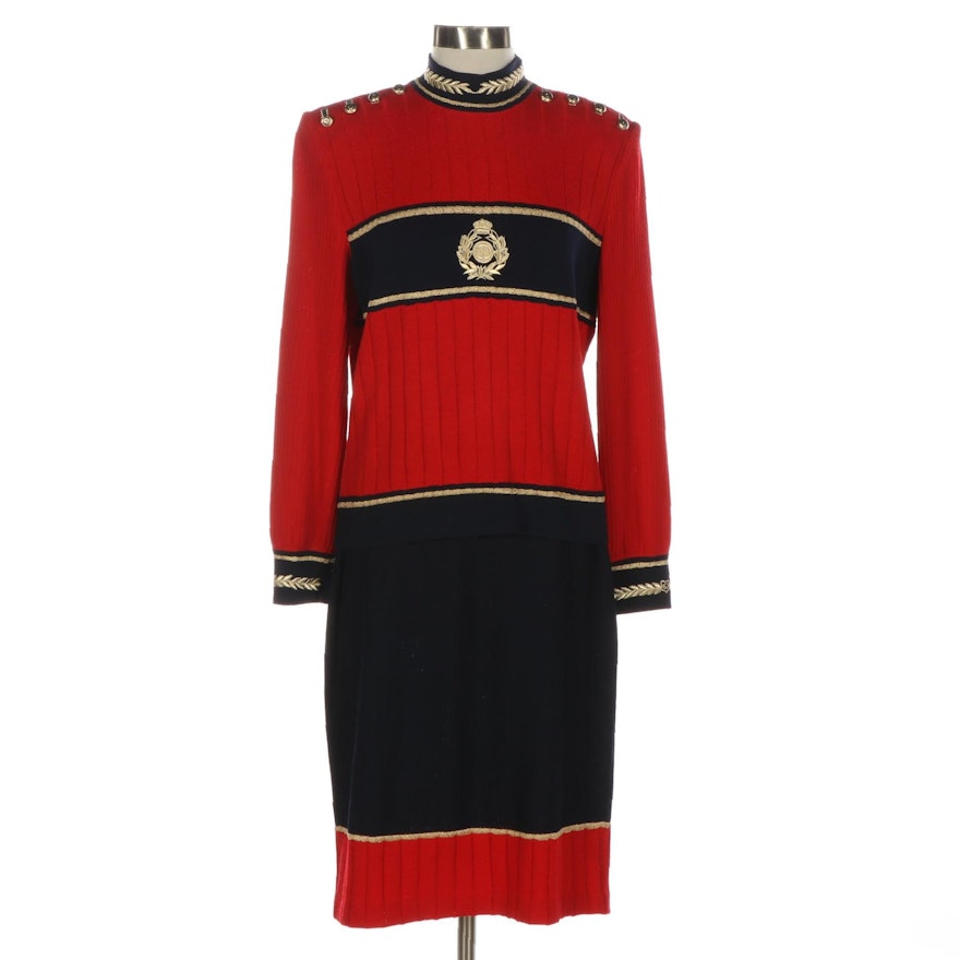 St. John Embroidered Long Sleeve Sweater & Matching Skirt in Red and Navy Knit
