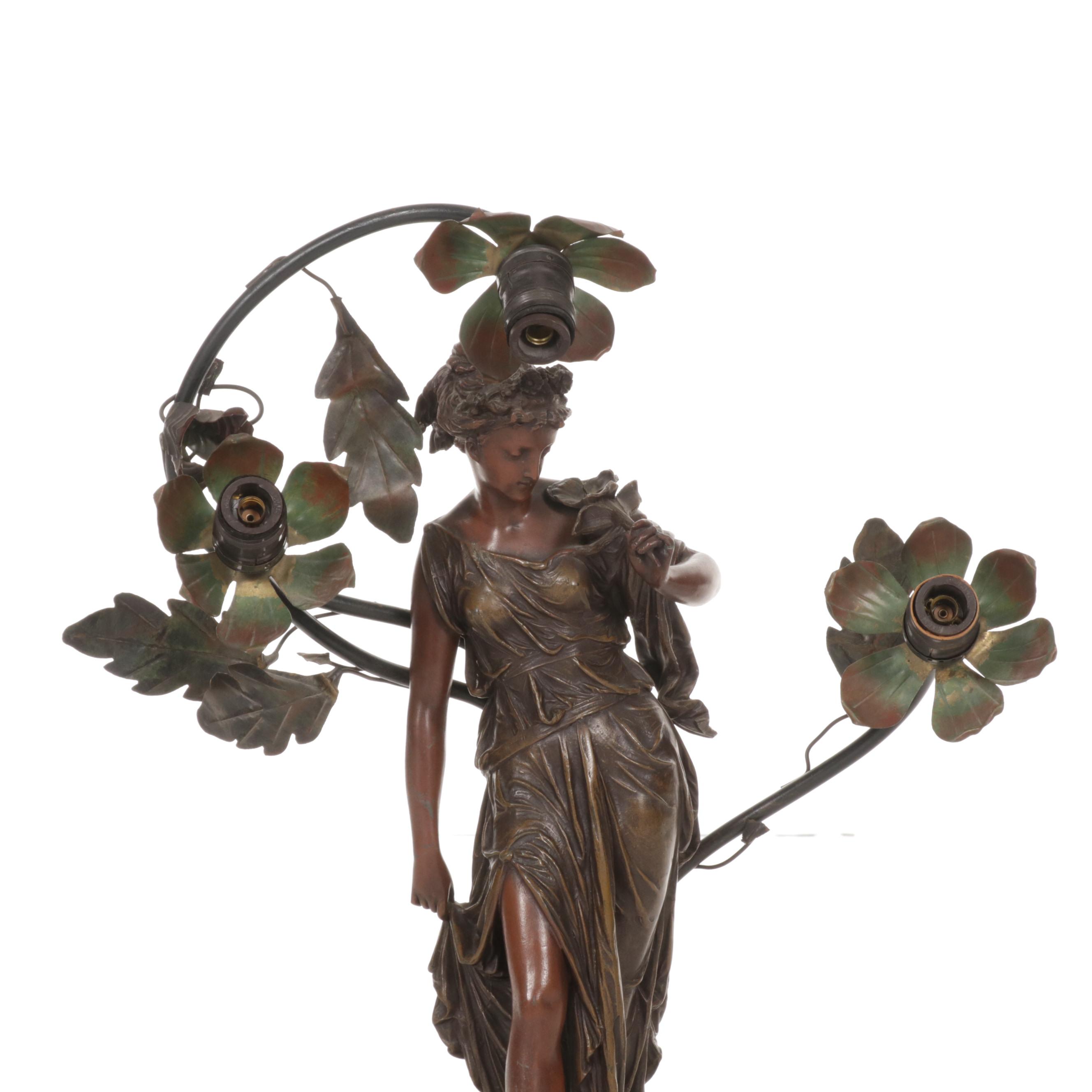 Art Nouveau "Idylle" Patinated Metal Table Lamp, Early to Mid 20th Century