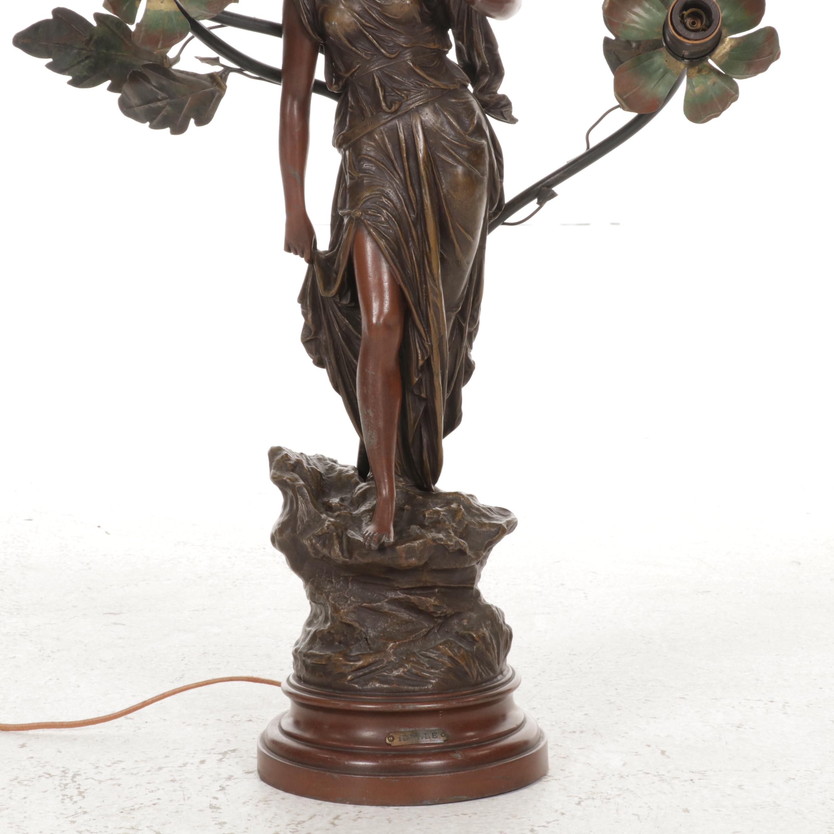 Art Nouveau "Idylle" Patinated Metal Table Lamp, Early to Mid 20th Century