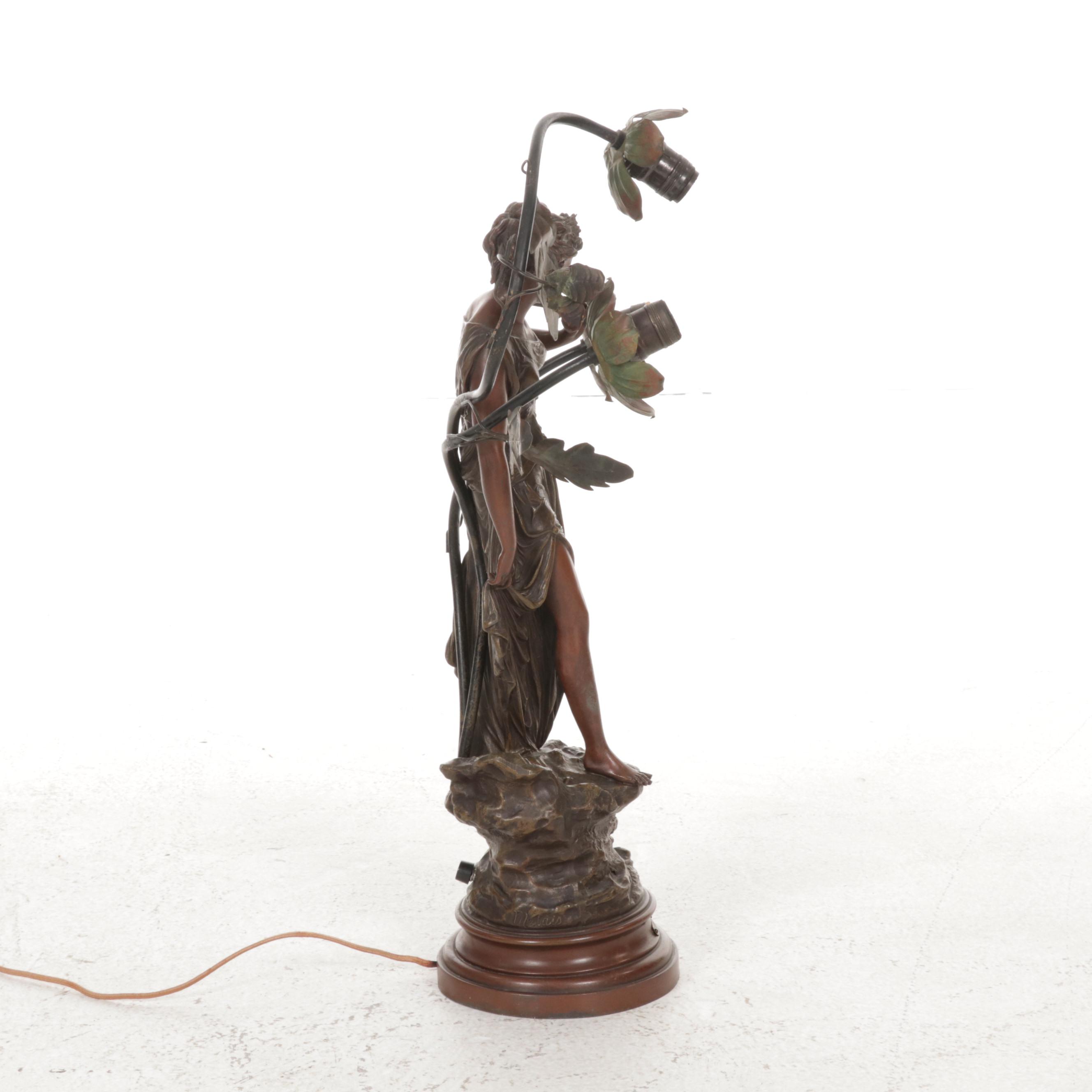 Art Nouveau "Idylle" Patinated Metal Table Lamp, Early to Mid 20th Century