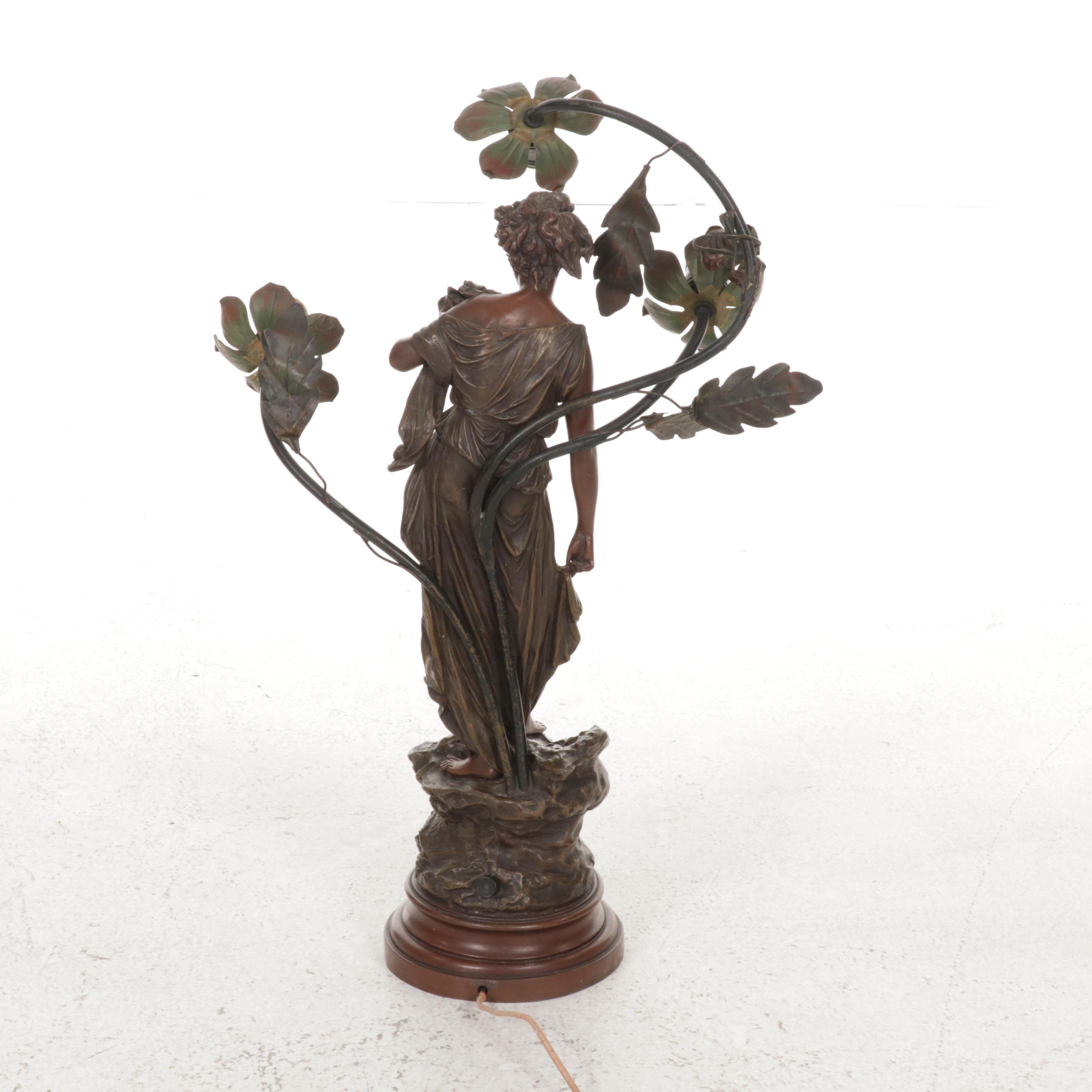 Art Nouveau "Idylle" Patinated Metal Table Lamp, Early to Mid 20th Century