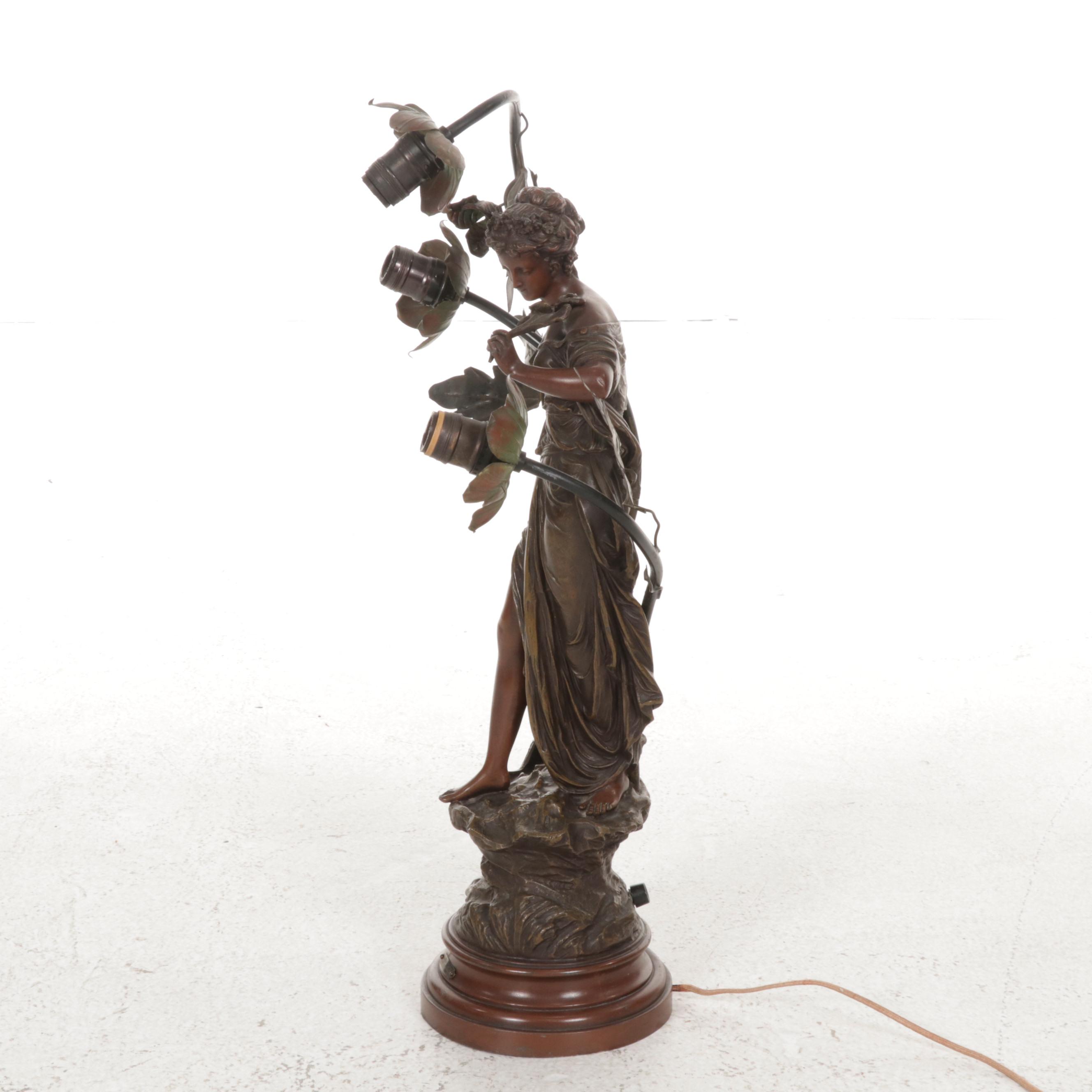 Art Nouveau "Idylle" Patinated Metal Table Lamp, Early to Mid 20th Century