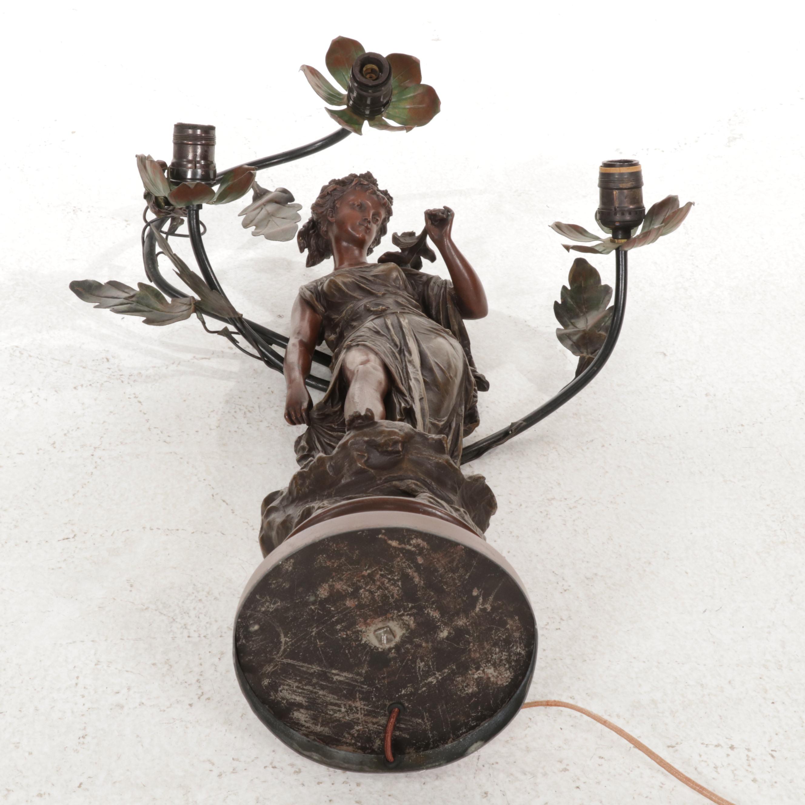 Art Nouveau "Idylle" Patinated Metal Table Lamp, Early to Mid 20th Century