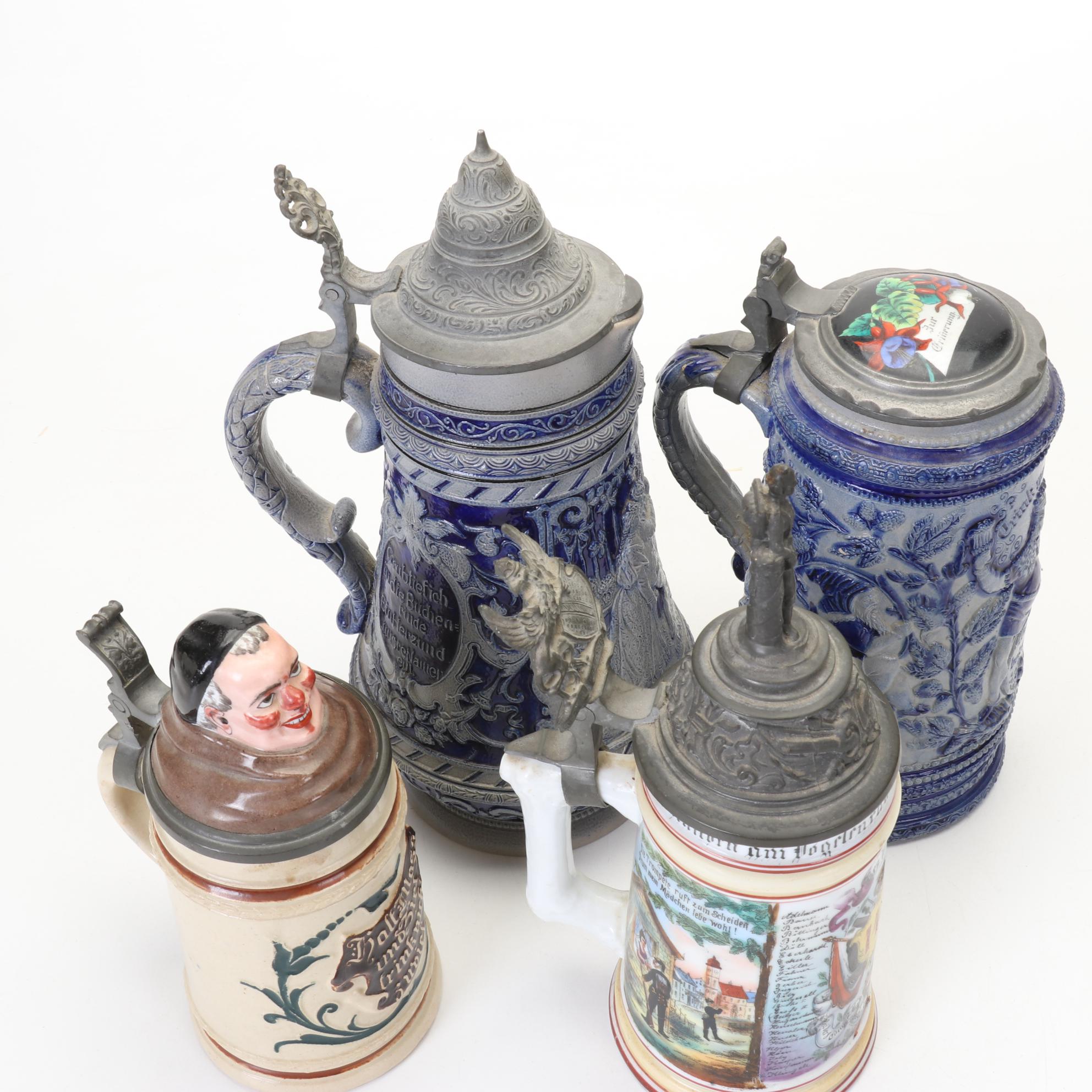 German Beer Steins Featuring Salt-Glazed and Commemorative Regimental Lithophane