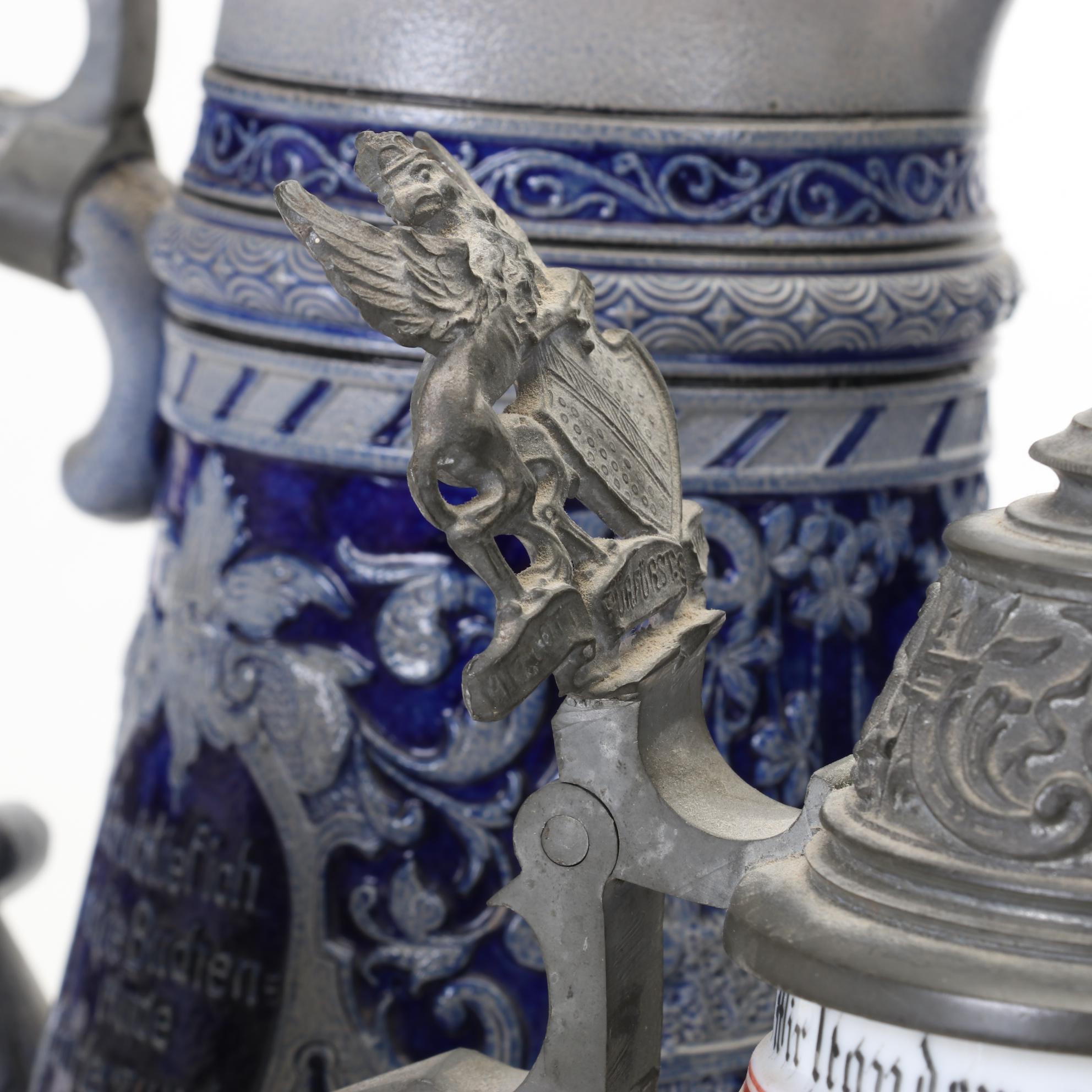 German Beer Steins Featuring Salt-Glazed and Commemorative Regimental Lithophane