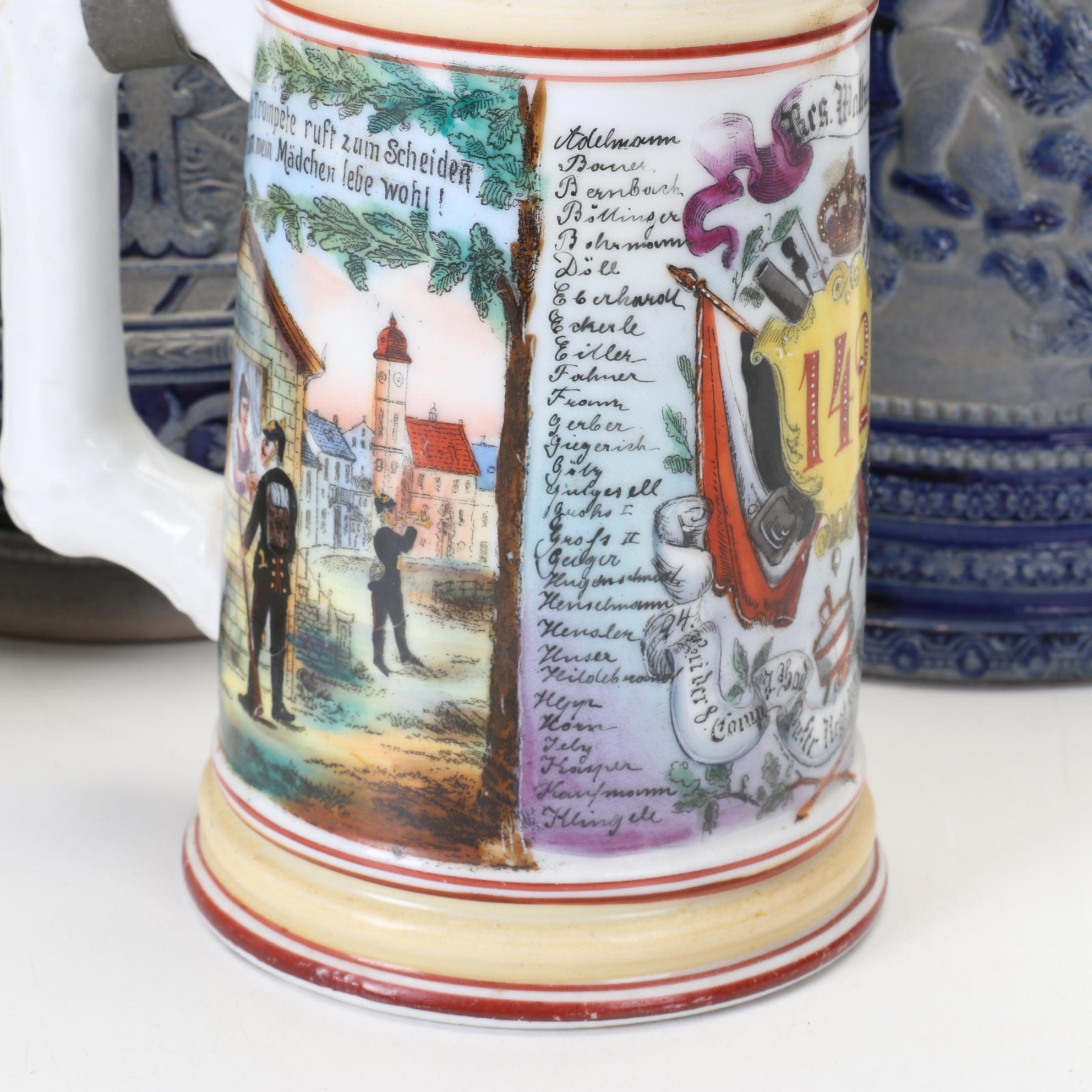 German Beer Steins Featuring Salt-Glazed and Commemorative Regimental Lithophane