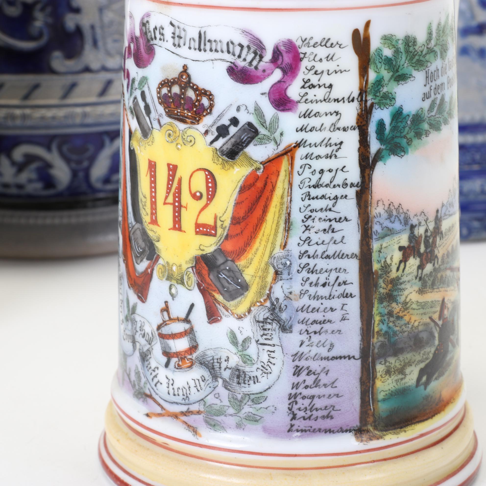 German Beer Steins Featuring Salt-Glazed and Commemorative Regimental Lithophane