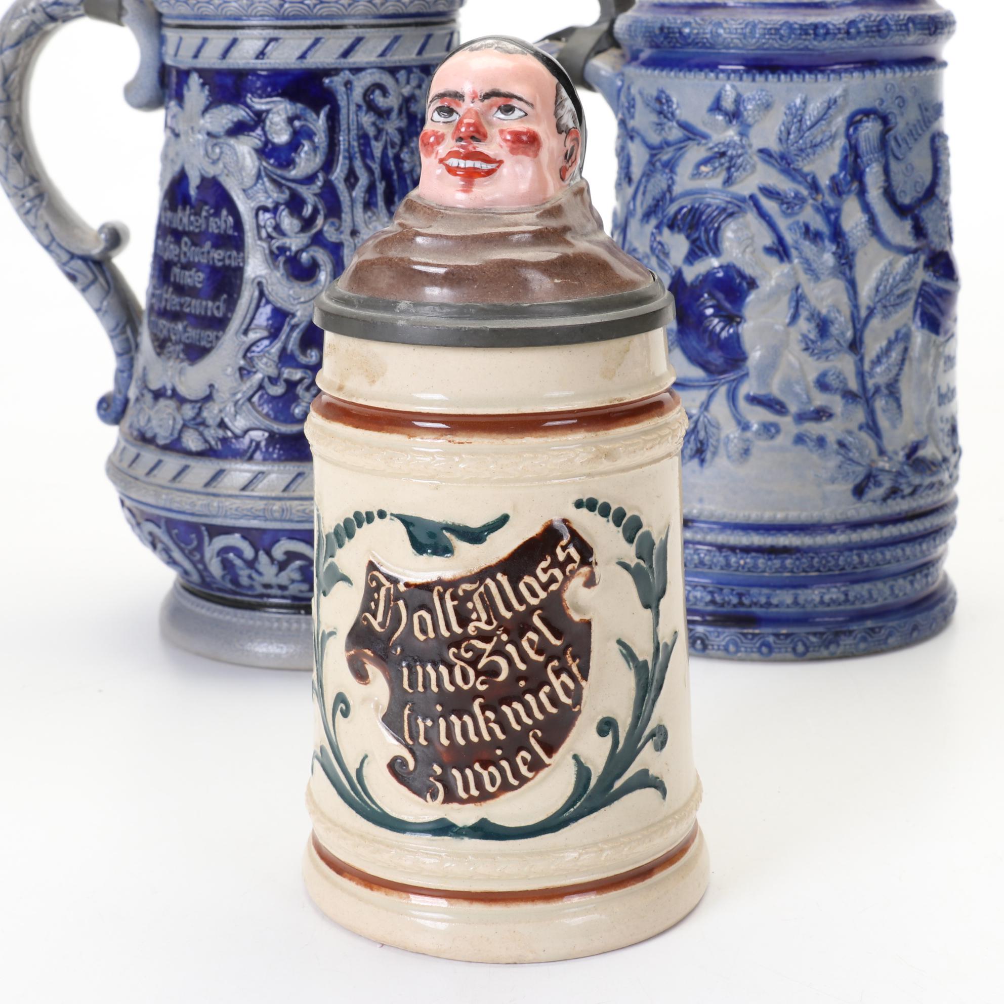 German Beer Steins Featuring Salt-Glazed and Commemorative Regimental Lithophane