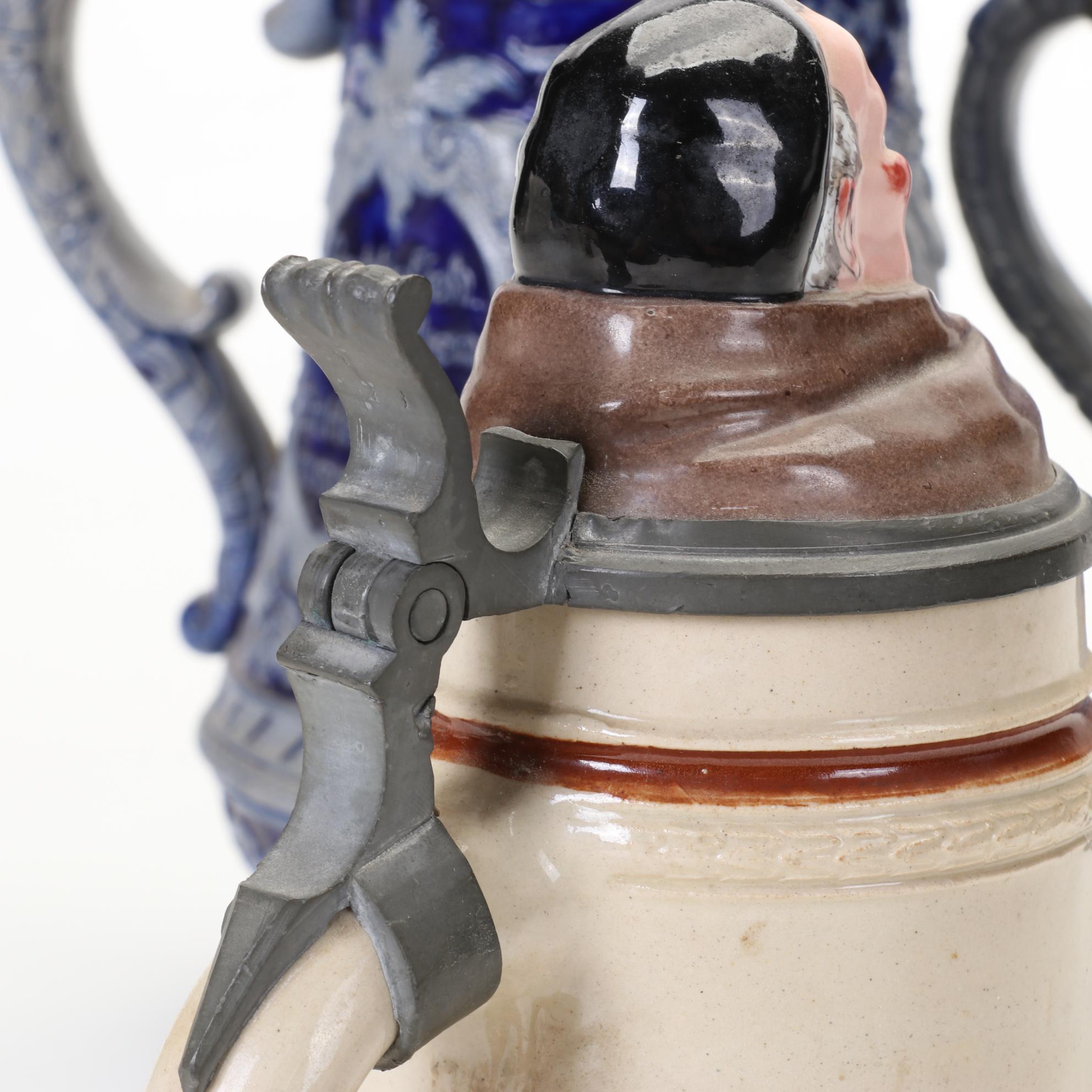 German Beer Steins Featuring Salt-Glazed and Commemorative Regimental Lithophane