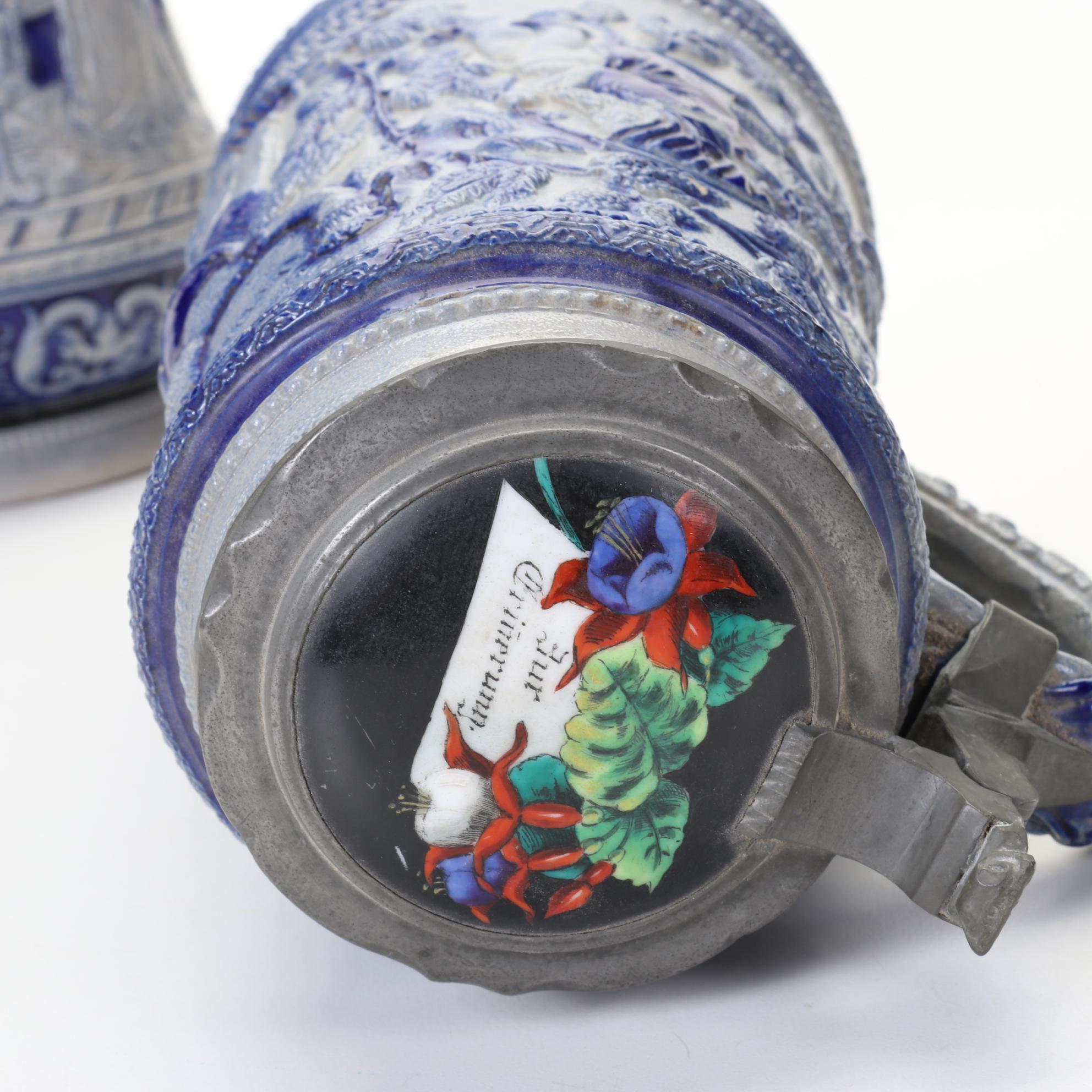 German Beer Steins Featuring Salt-Glazed and Commemorative Regimental Lithophane